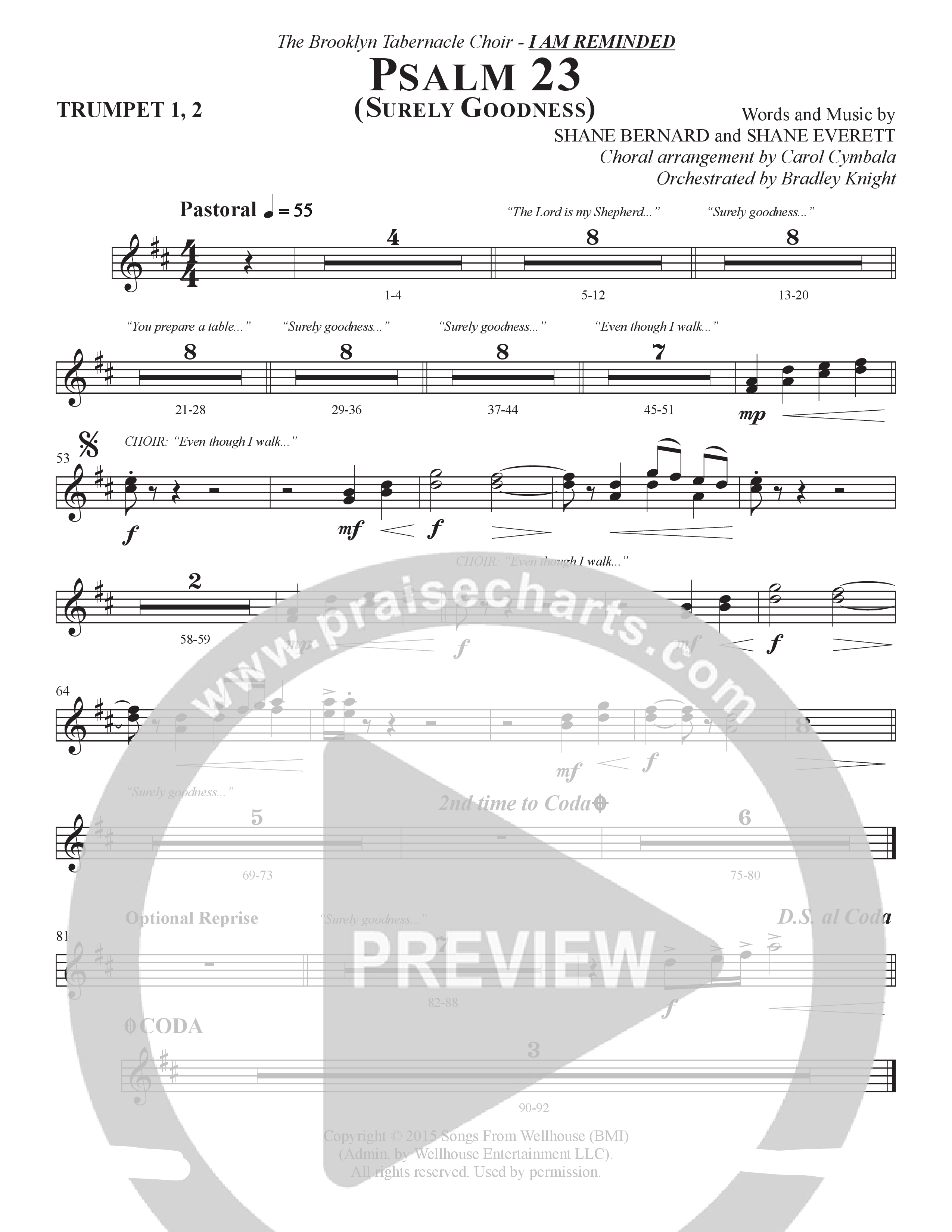 Psalm 23 (Surely Goodness) (Choral Anthem SATB) Trumpet 1,2 (The Brooklyn Tabernacle Choir / Shane & Shane / Arr. Carol Cymbala / Orch. Bradley Knight)