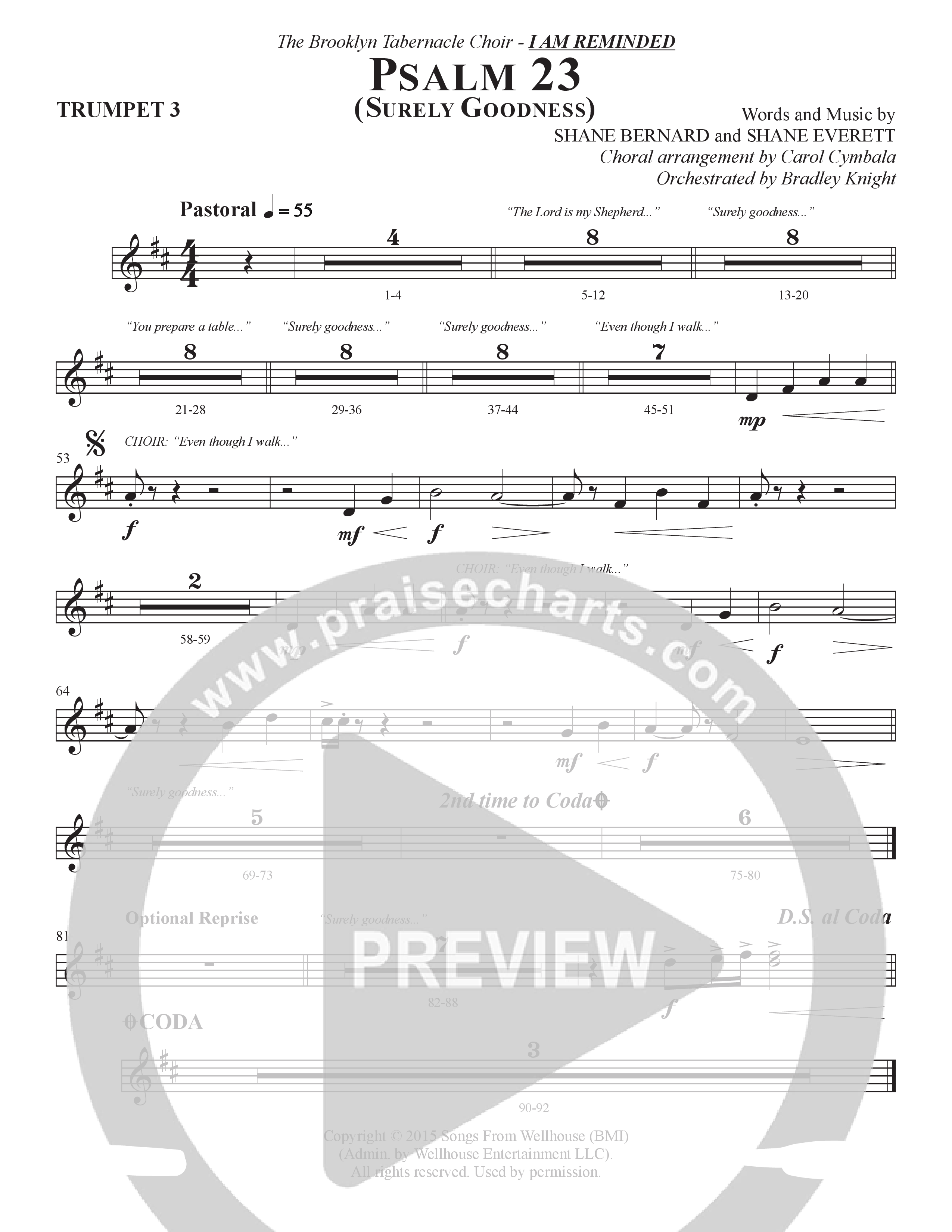 Psalm 23 (Surely Goodness) (Choral Anthem SATB) Trumpet 3 (The Brooklyn Tabernacle Choir / Shane & Shane / Arr. Carol Cymbala / Orch. Bradley Knight)