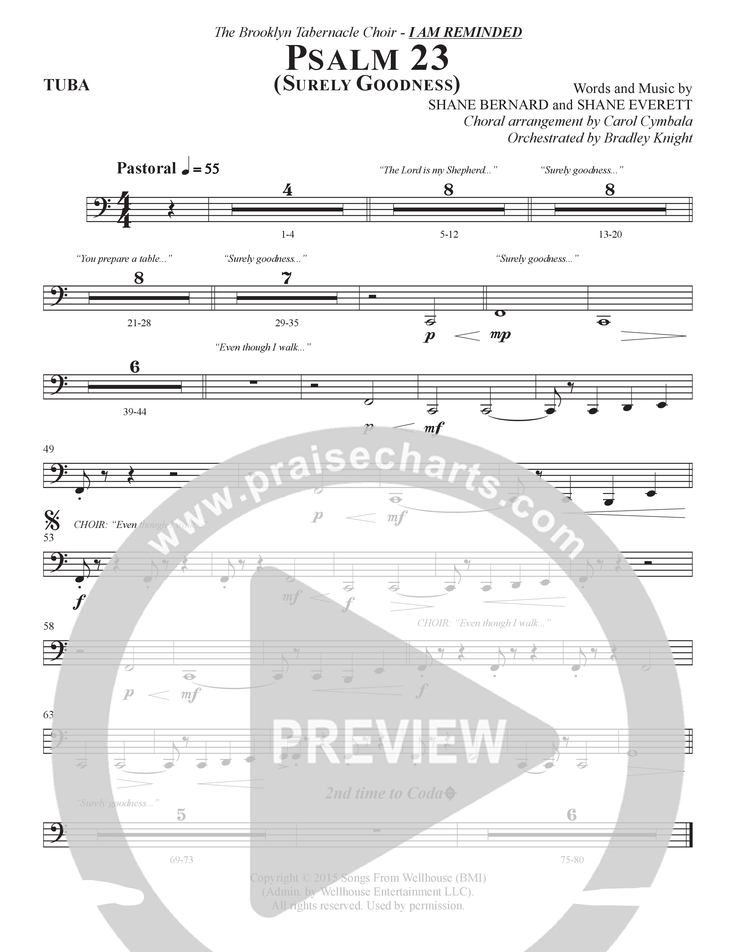 Psalm 23 (Surely Goodness) (Choral Anthem SATB) Tuba (The Brooklyn Tabernacle Choir / Shane & Shane / Arr. Carol Cymbala / Orch. Bradley Knight)