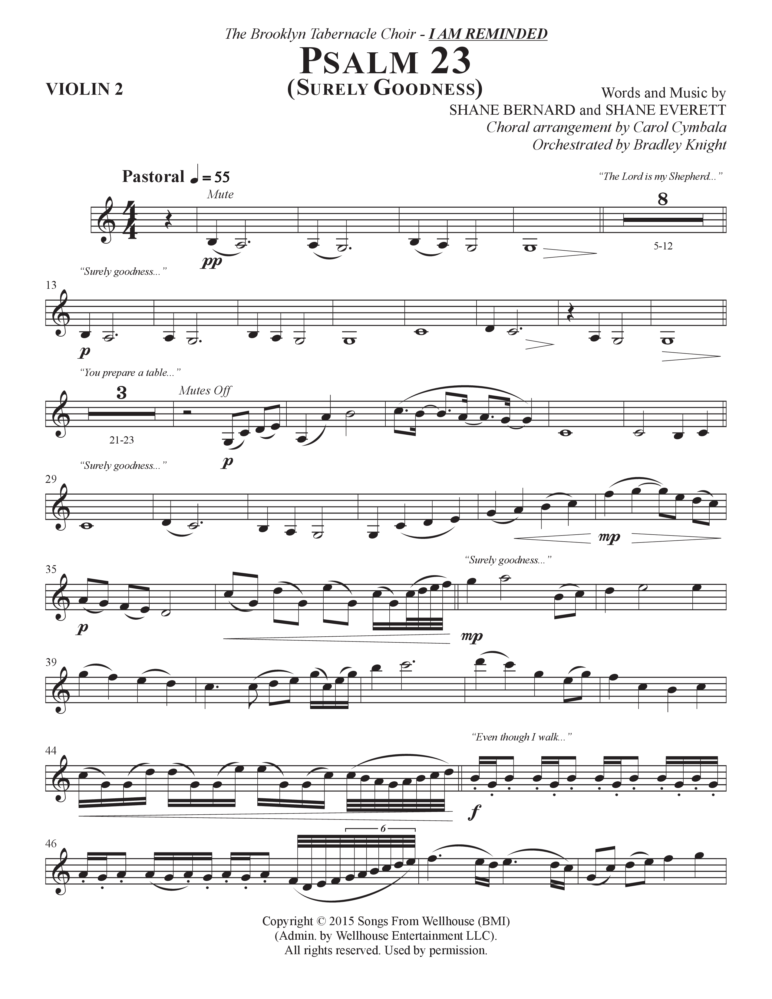 Psalm 23 (Surely Goodness) (Choral Anthem SATB) Violin 2 (The Brooklyn Tabernacle Choir / Shane & Shane / Arr. Carol Cymbala / Orch. Bradley Knight)