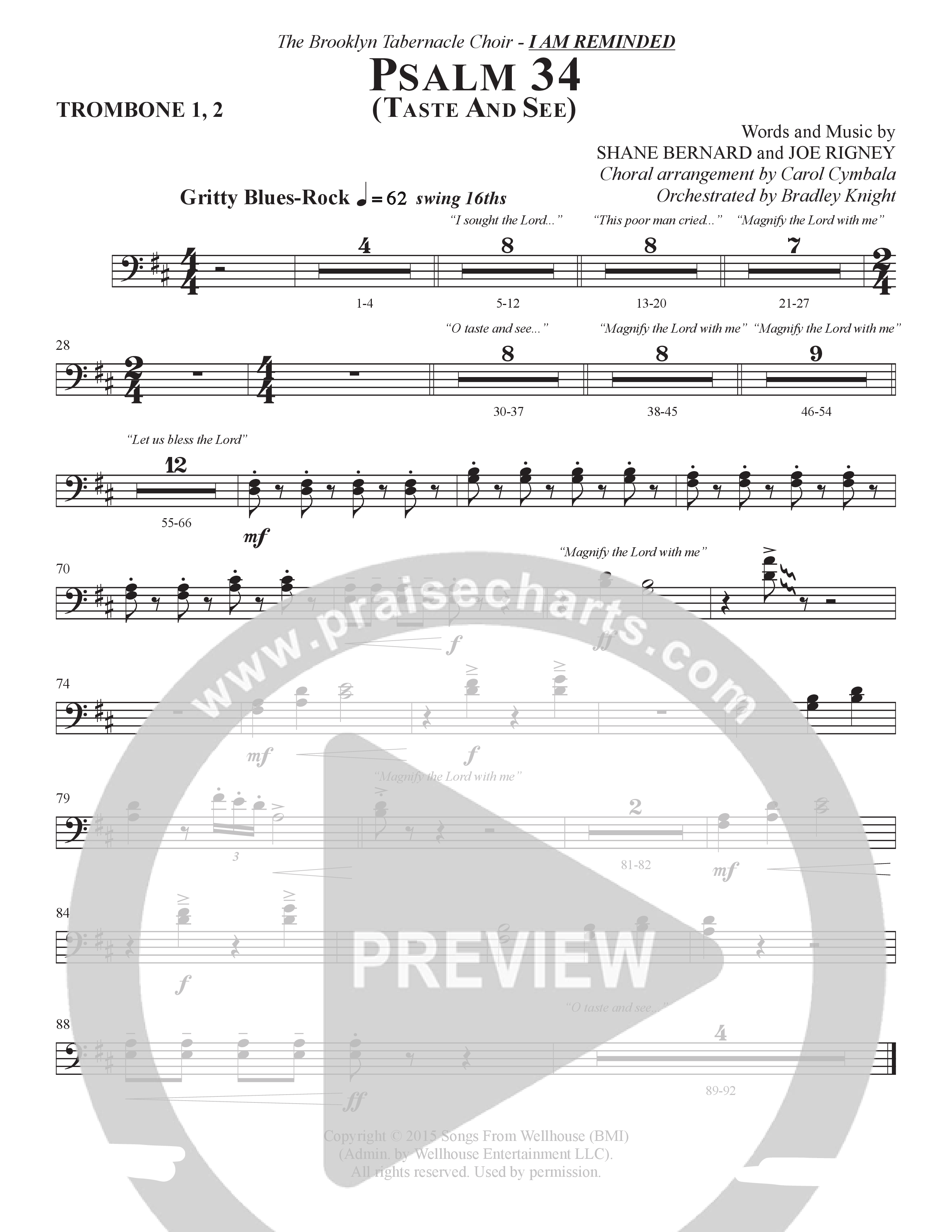 Psalm 34 (Taste and See) (Choral Anthem SATB) Trombone 1/2 (The Brooklyn Tabernacle Choir / Brandon Camphor / Durell Comedy / Arr. Carol Cymbala / Orch. Bradley Knight)