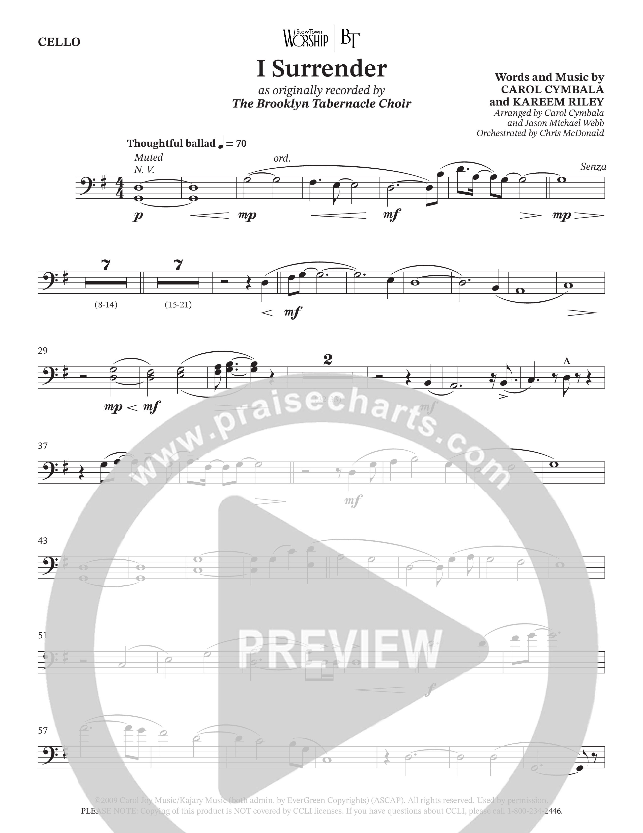 I Surrender (Choral Anthem SATB) Cello (The Brooklyn Tabernacle Choir / Onaje Jefferson / Arr. Carol Cymbala / Arr. Jason Webb / Orch. Chris McDonald)