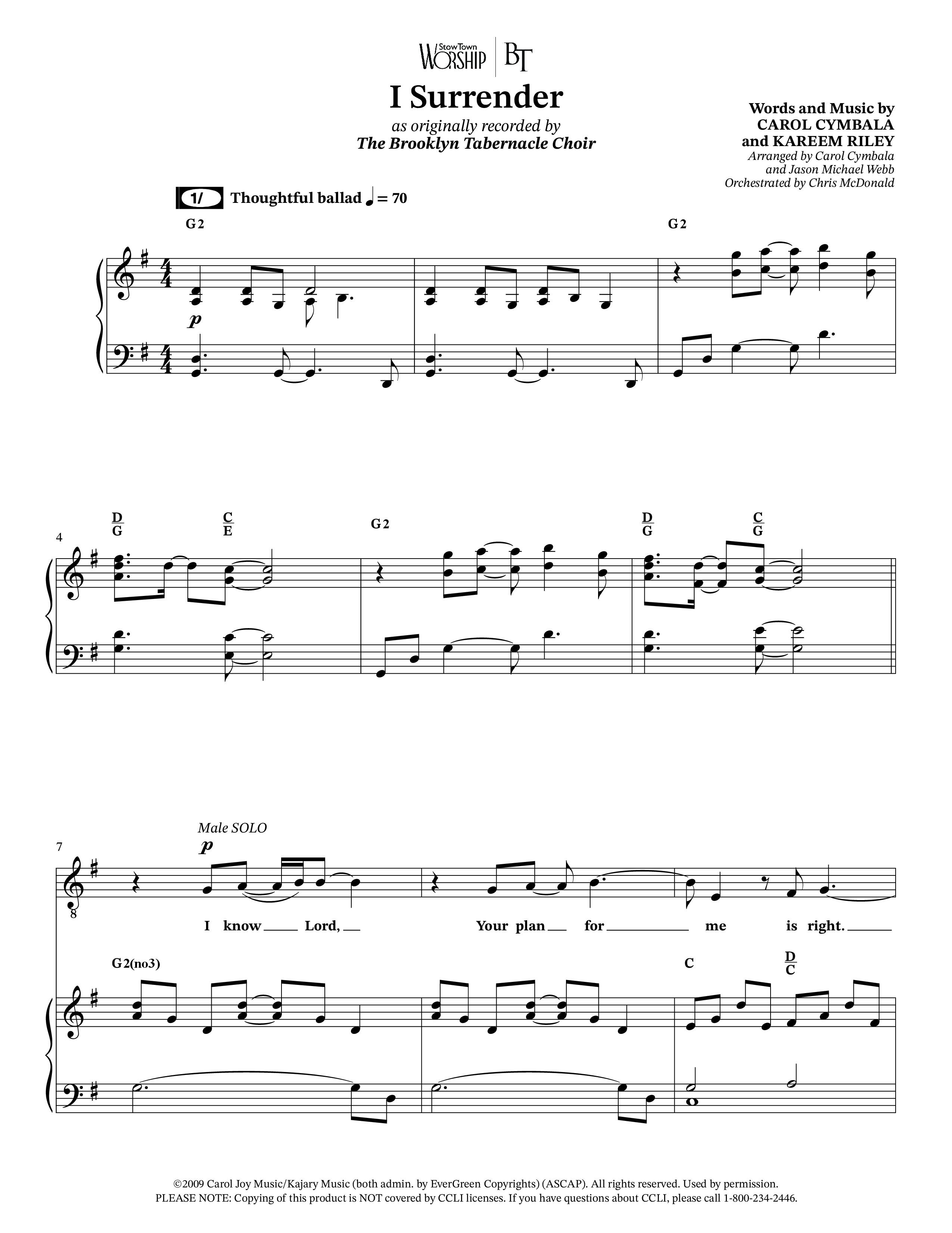I Surrender (Choral Anthem SATB) Anthem (SATB/Piano) (The Brooklyn Tabernacle Choir / Onaje Jefferson / Arr. Carol Cymbala / Arr. Jason Webb / Orch. Chris McDonald)