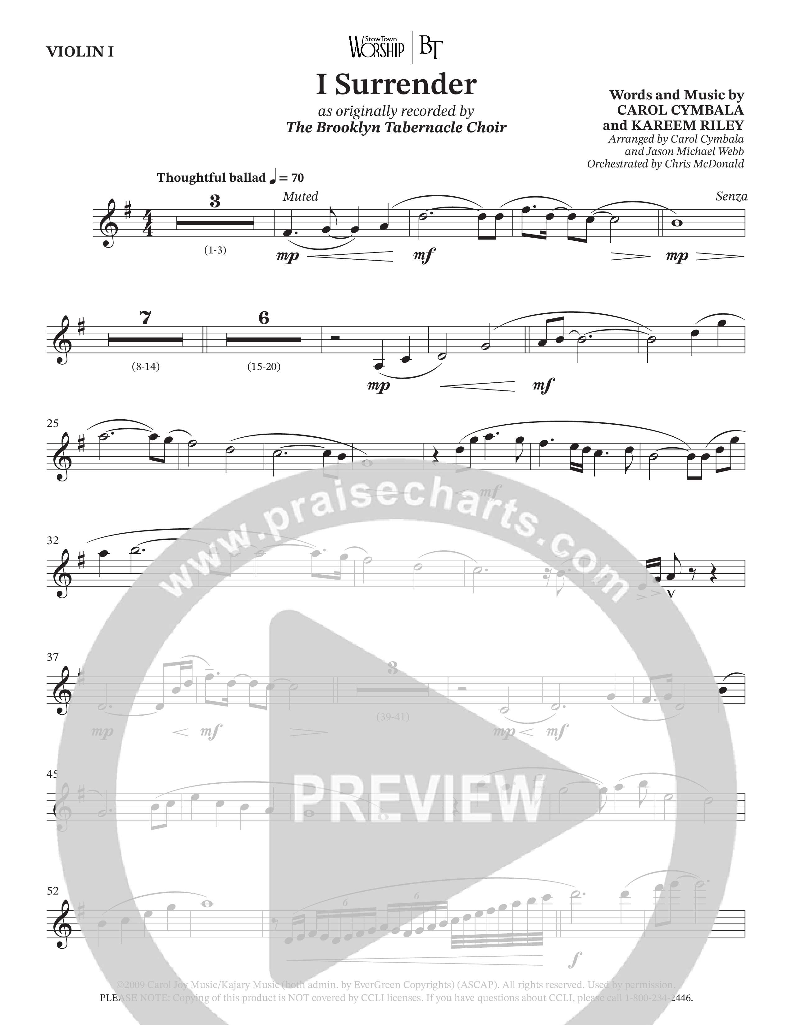 I Surrender (Choral Anthem SATB) Violin 1 (The Brooklyn Tabernacle Choir / Onaje Jefferson / Arr. Carol Cymbala / Arr. Jason Webb / Orch. Chris McDonald)