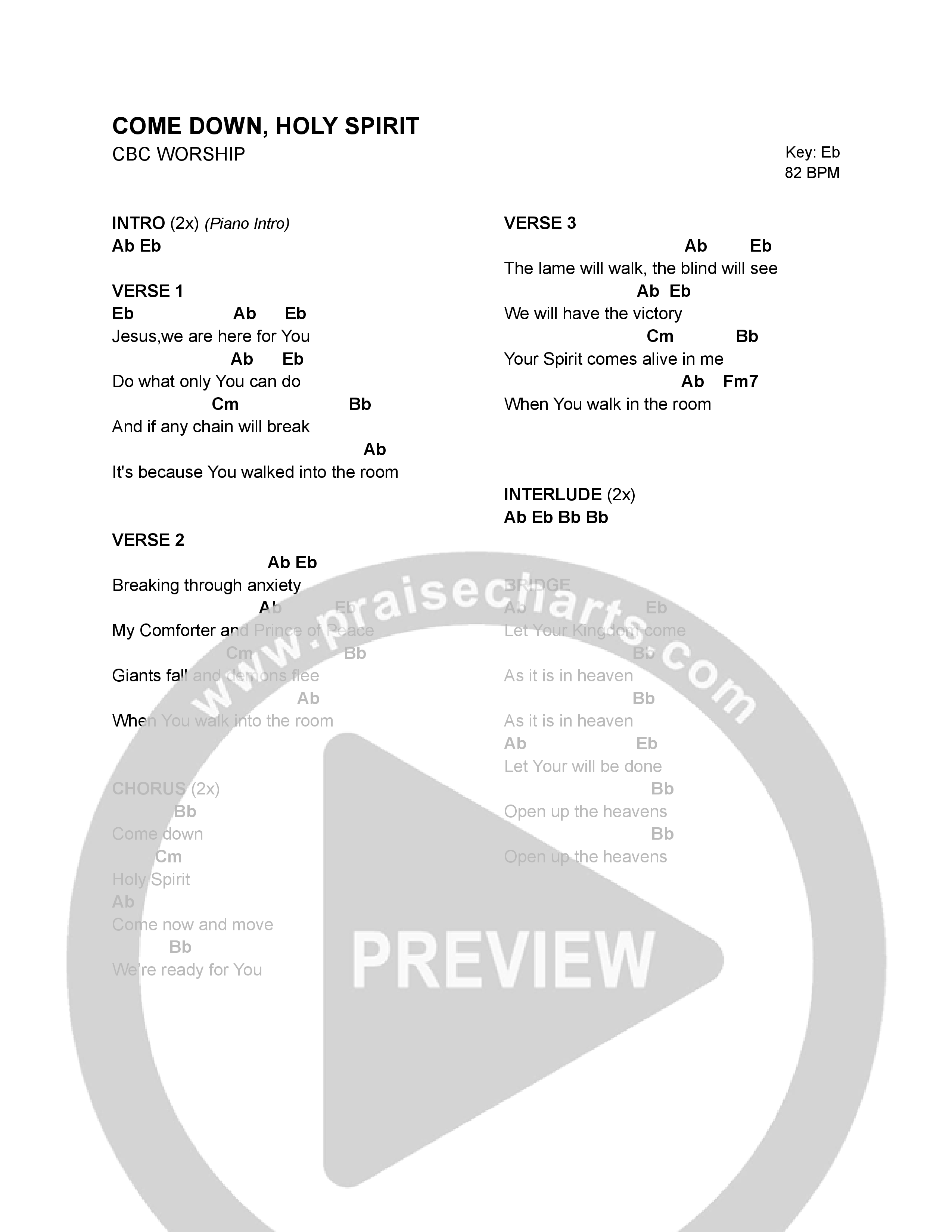 Come Down Holy Spirit Chord Chart (CBC Worship)