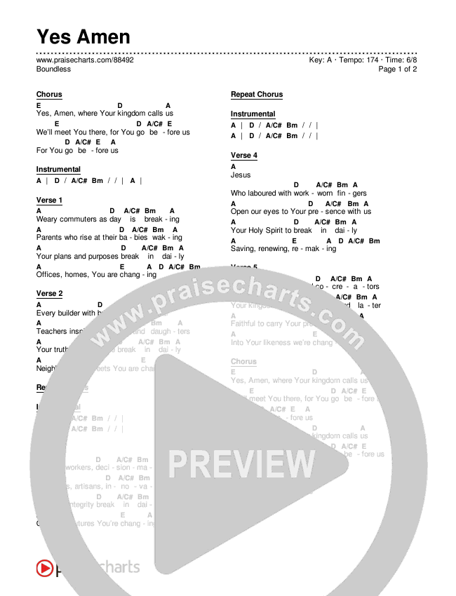 Yes Amen Chord Chart (Boundless)