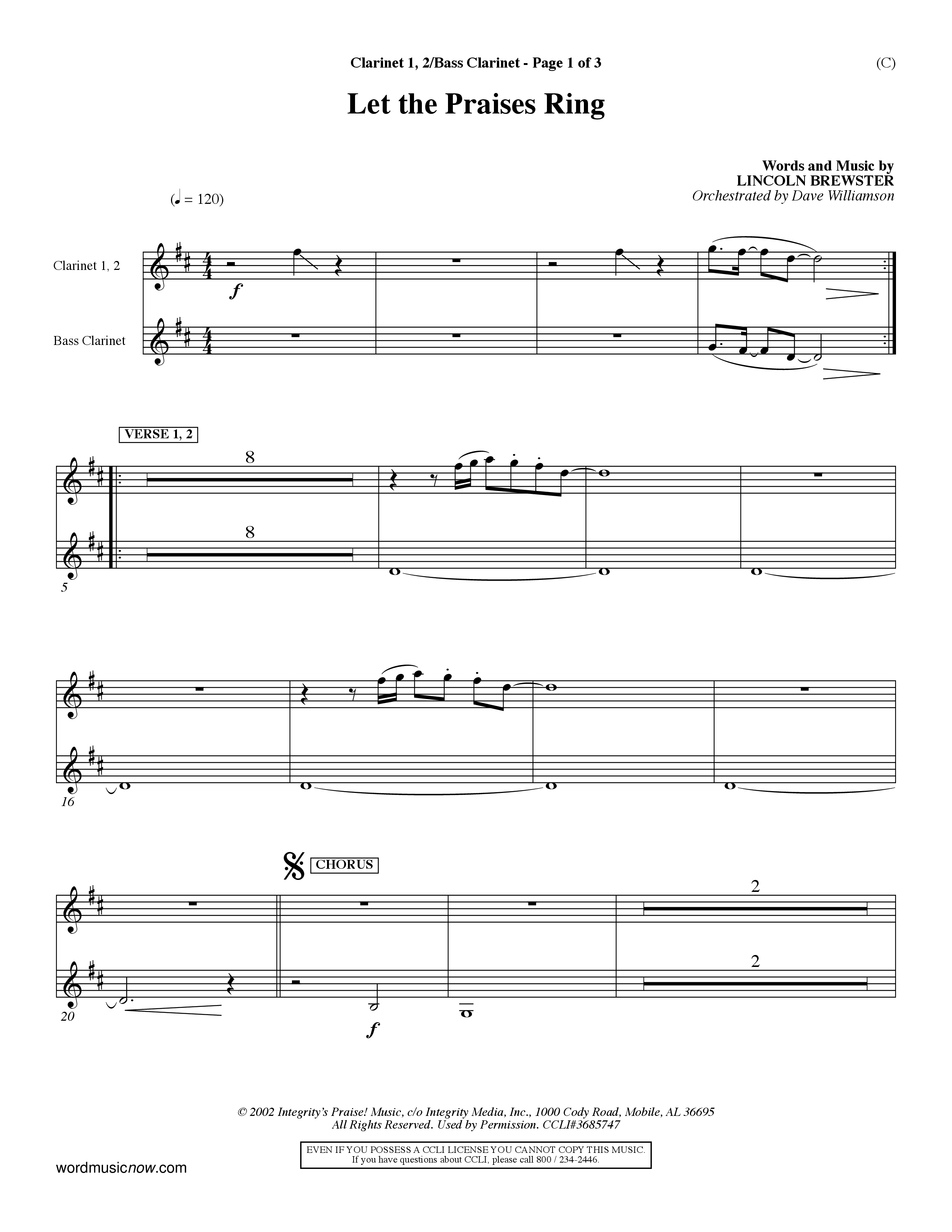 Let The Praises Ring Choral Anthem SATB Clarinet 1/2, Bass Clarinet (Word Music Choral / Orch. Dave Williamson)