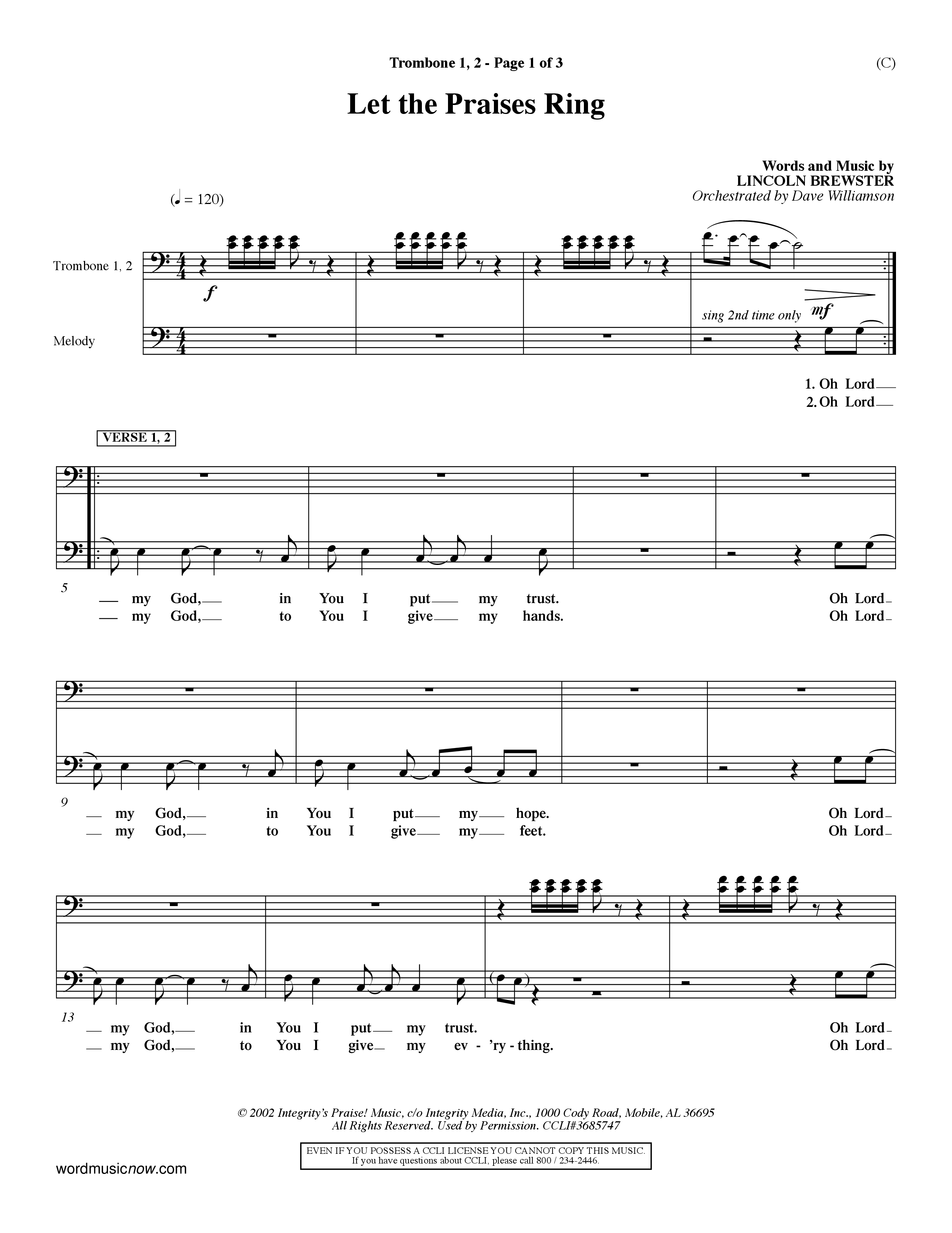 Let The Praises Ring Choral Anthem SATB Trombone 1/2 (Word Music Choral / Orch. Dave Williamson)