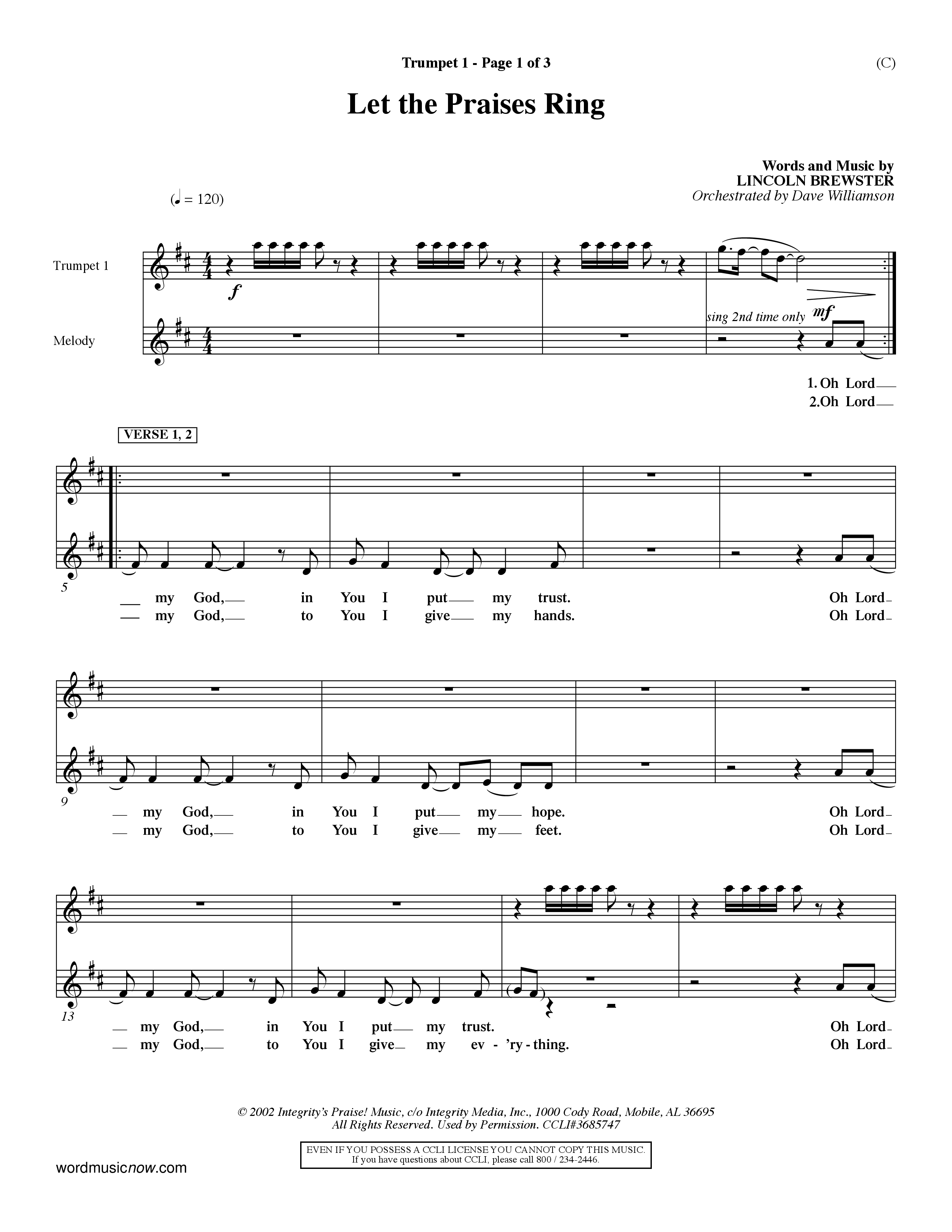 Let The Praises Ring Choral Anthem SATB Trumpet 1 (Word Music Choral / Orch. Dave Williamson)