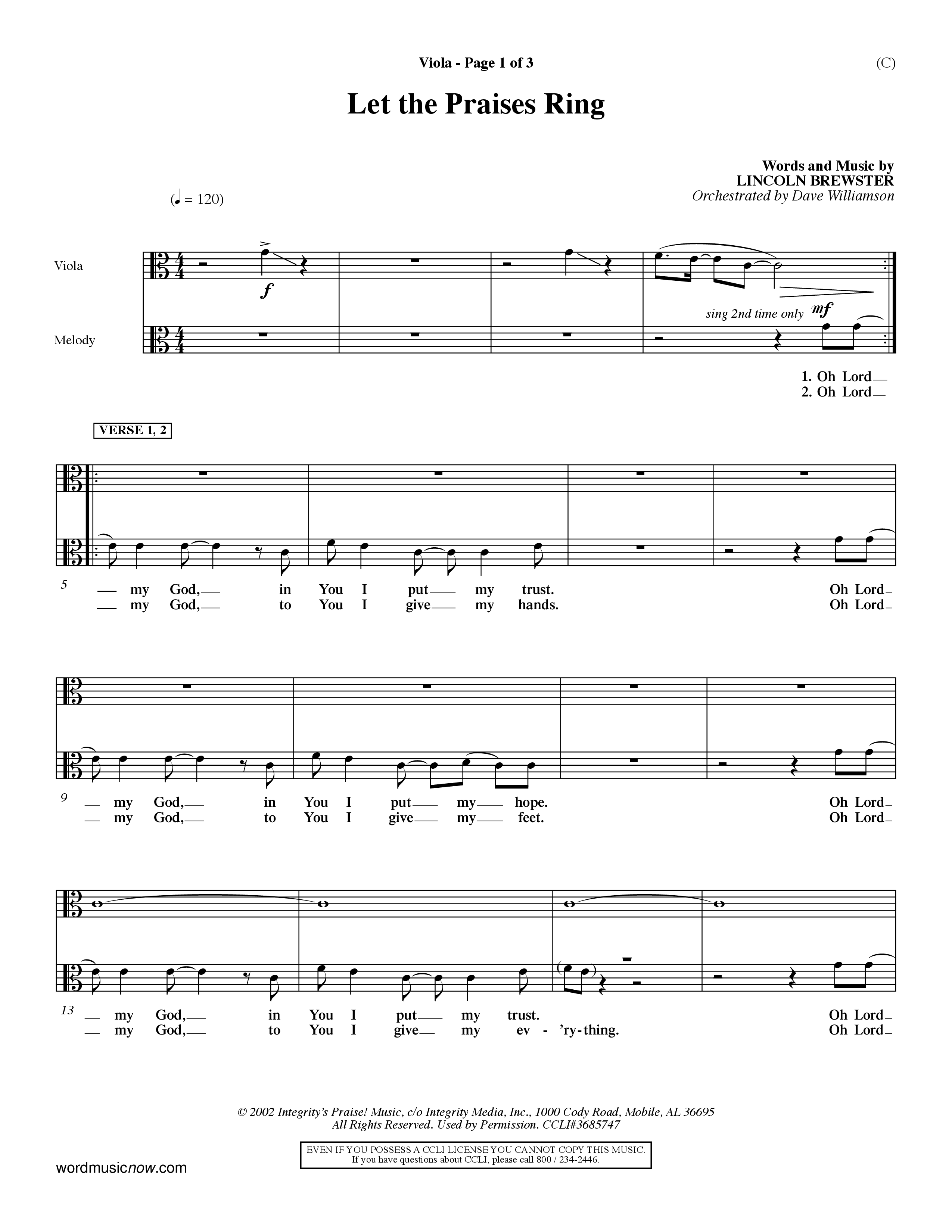 Let The Praises Ring Choral Anthem SATB Viola (Word Music Choral / Orch. Dave Williamson)