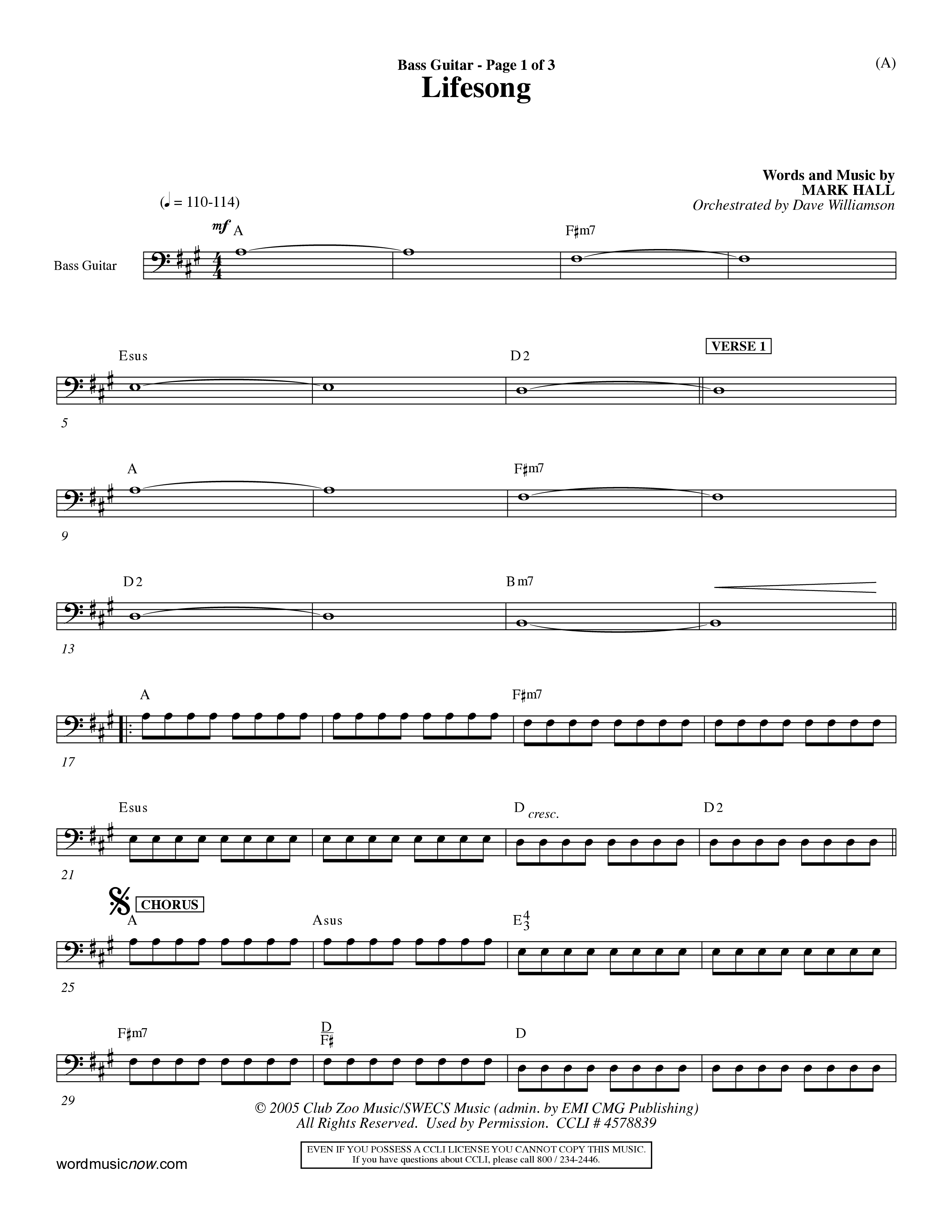 Lifesong (Choral Anthem SATB) Bass Guitar (Word Music Choral / Orch. Dave Williamson)