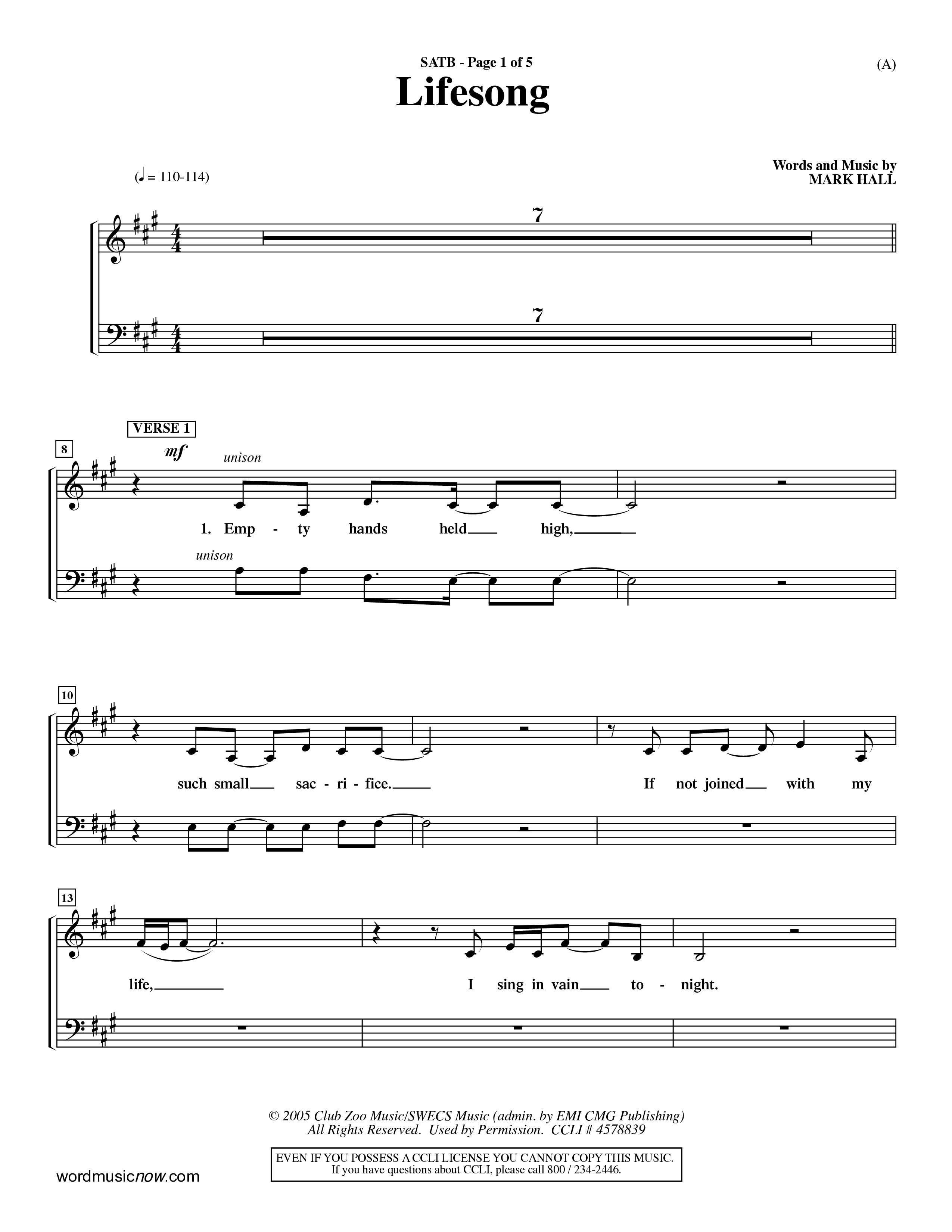 Lifesong (Choral Anthem SATB) Choir Sheet (SATB) (Word Music Choral / Orch. Dave Williamson)