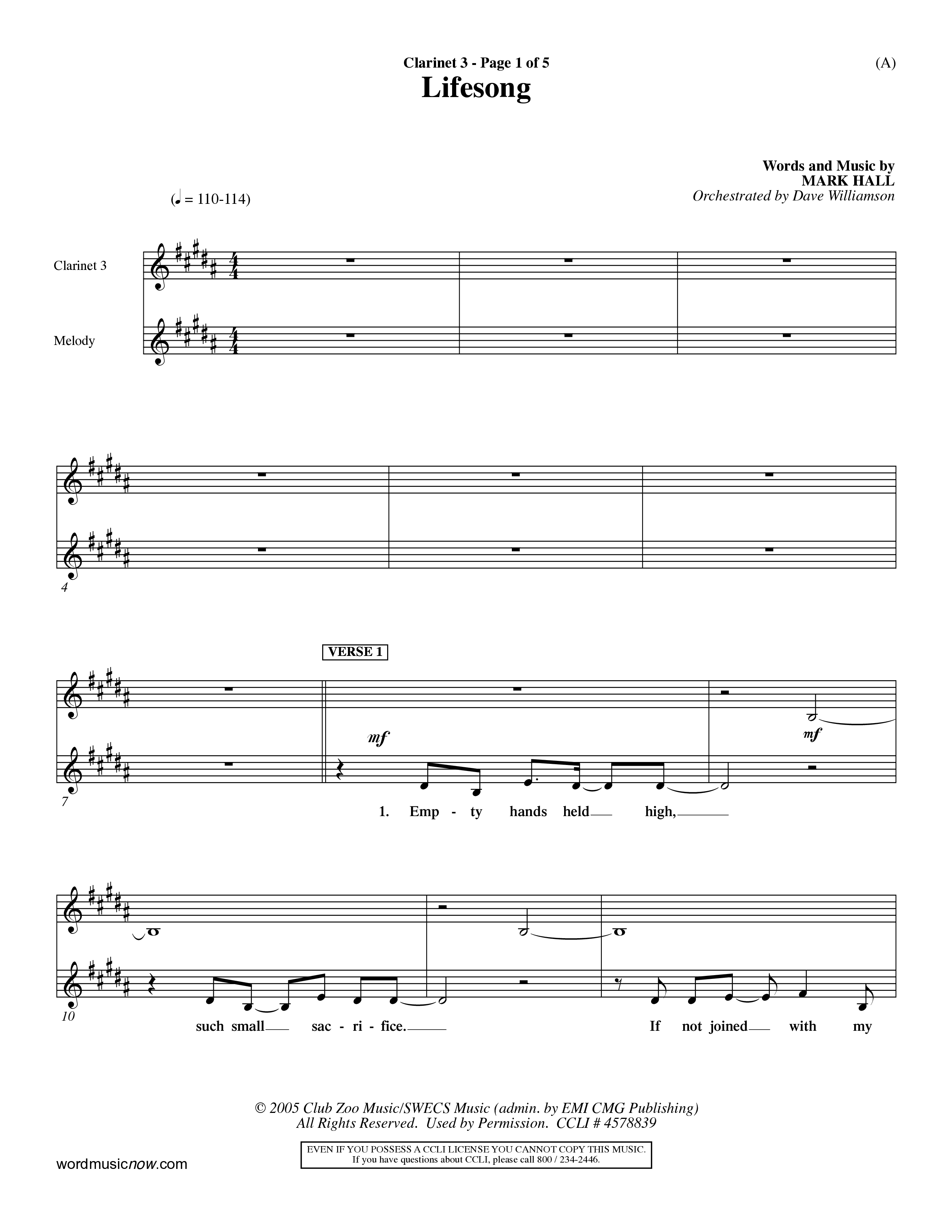 Lifesong (Choral Anthem SATB) Clarinet 3 (Word Music Choral / Orch. Dave Williamson)