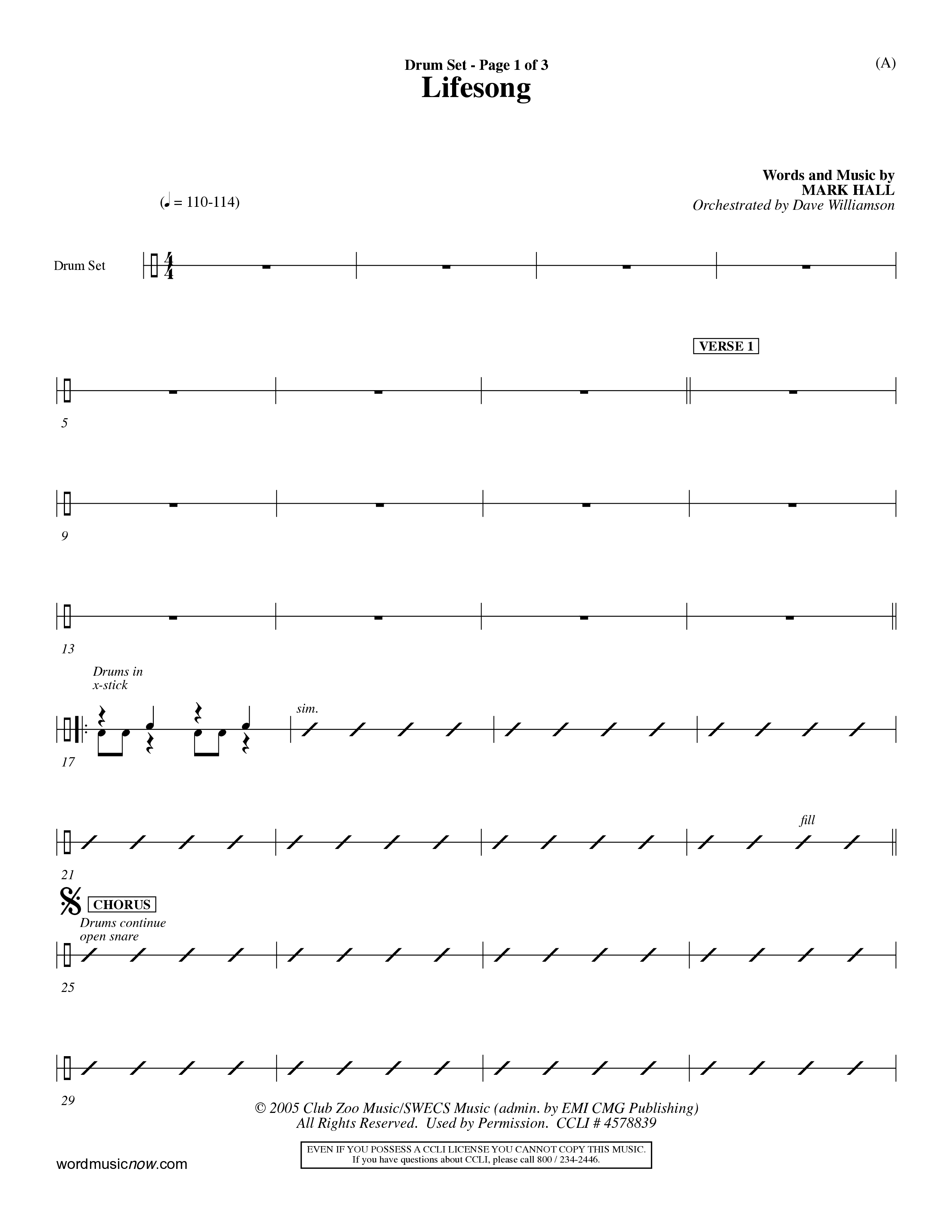 Lifesong (Choral Anthem SATB) Drum Set (Word Music Choral / Orch. Dave Williamson)