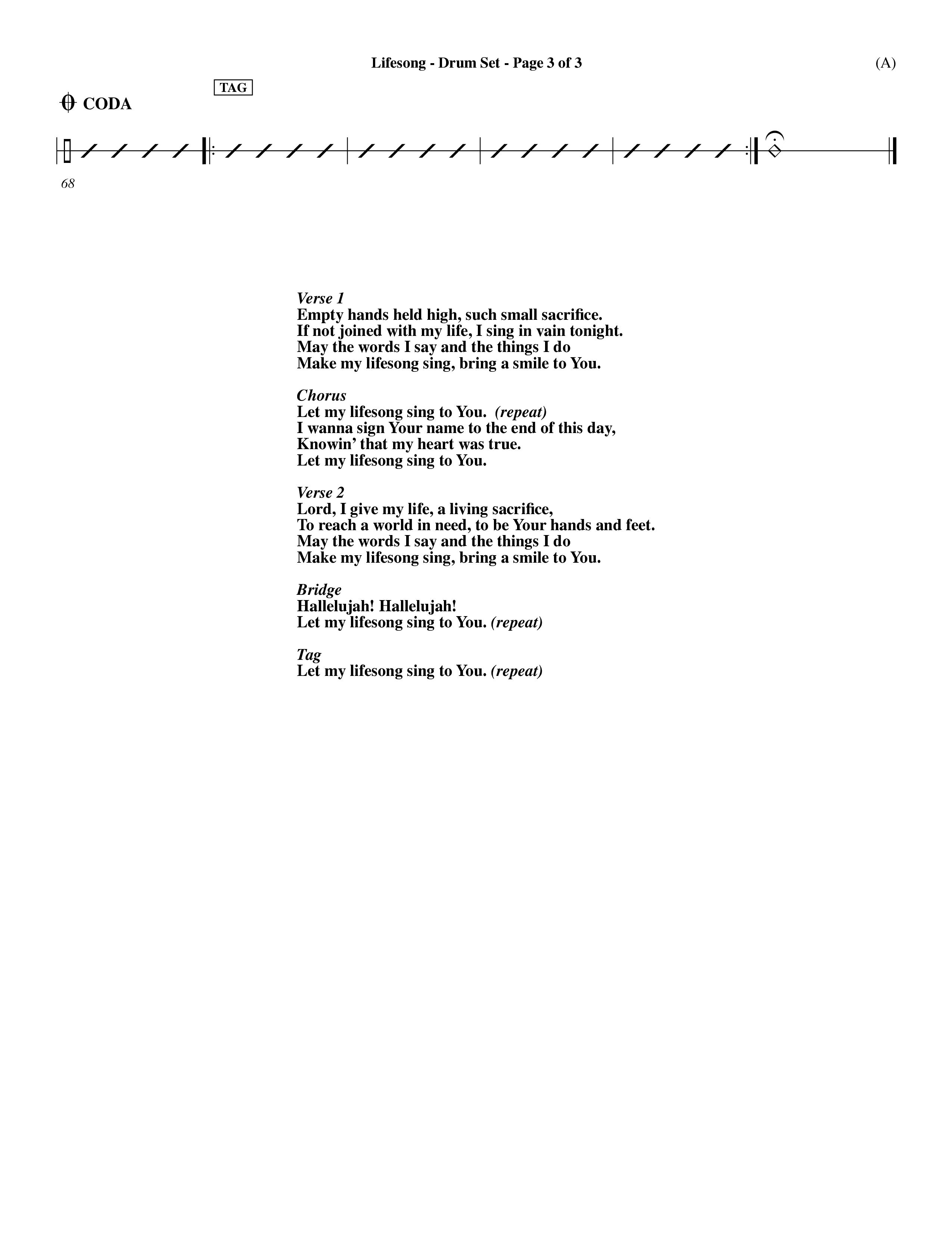 Lifesong (Choral Anthem SATB) Drum Set (Word Music Choral / Orch. Dave Williamson)