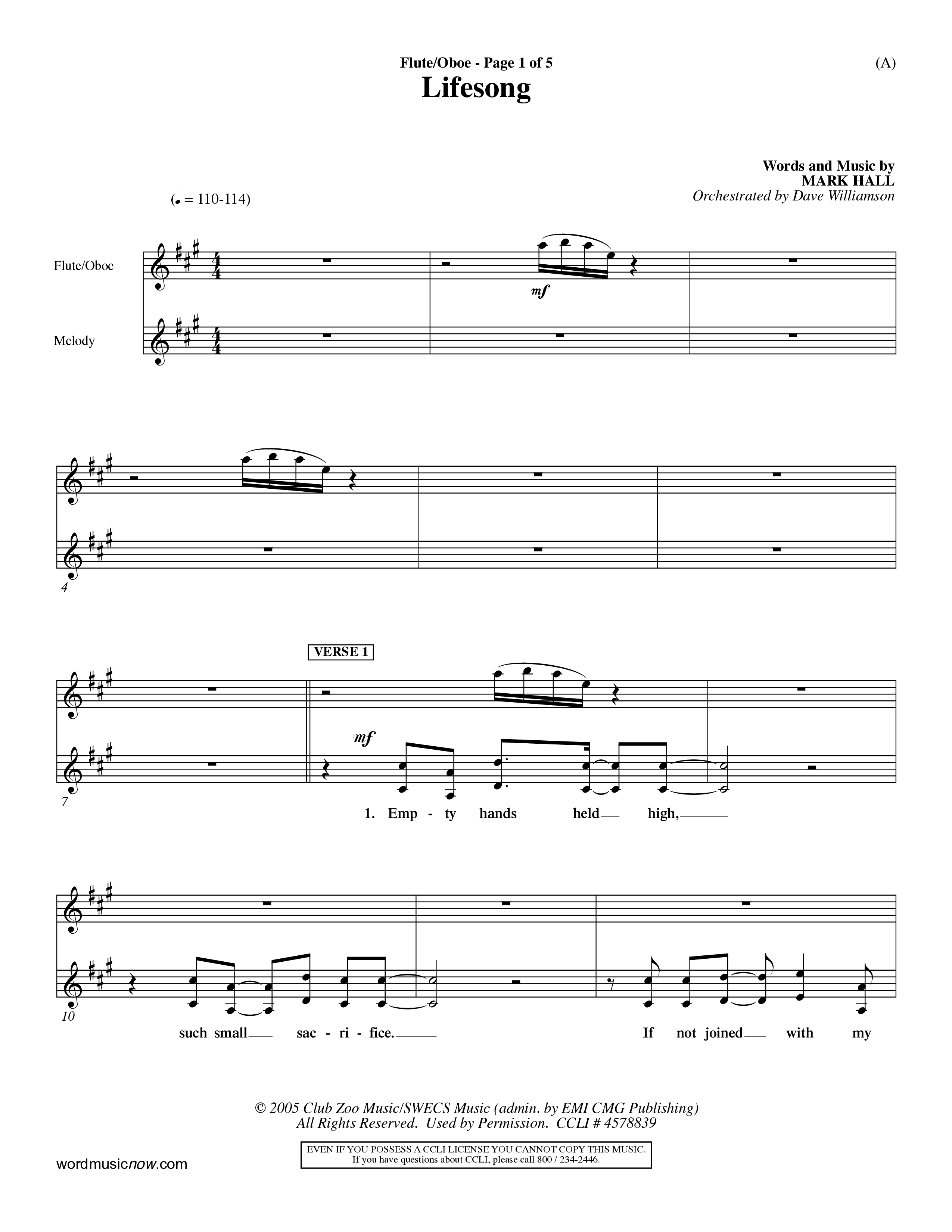 Lifesong (Choral Anthem SATB) Flute/Oboe (Word Music Choral / Orch. Dave Williamson)