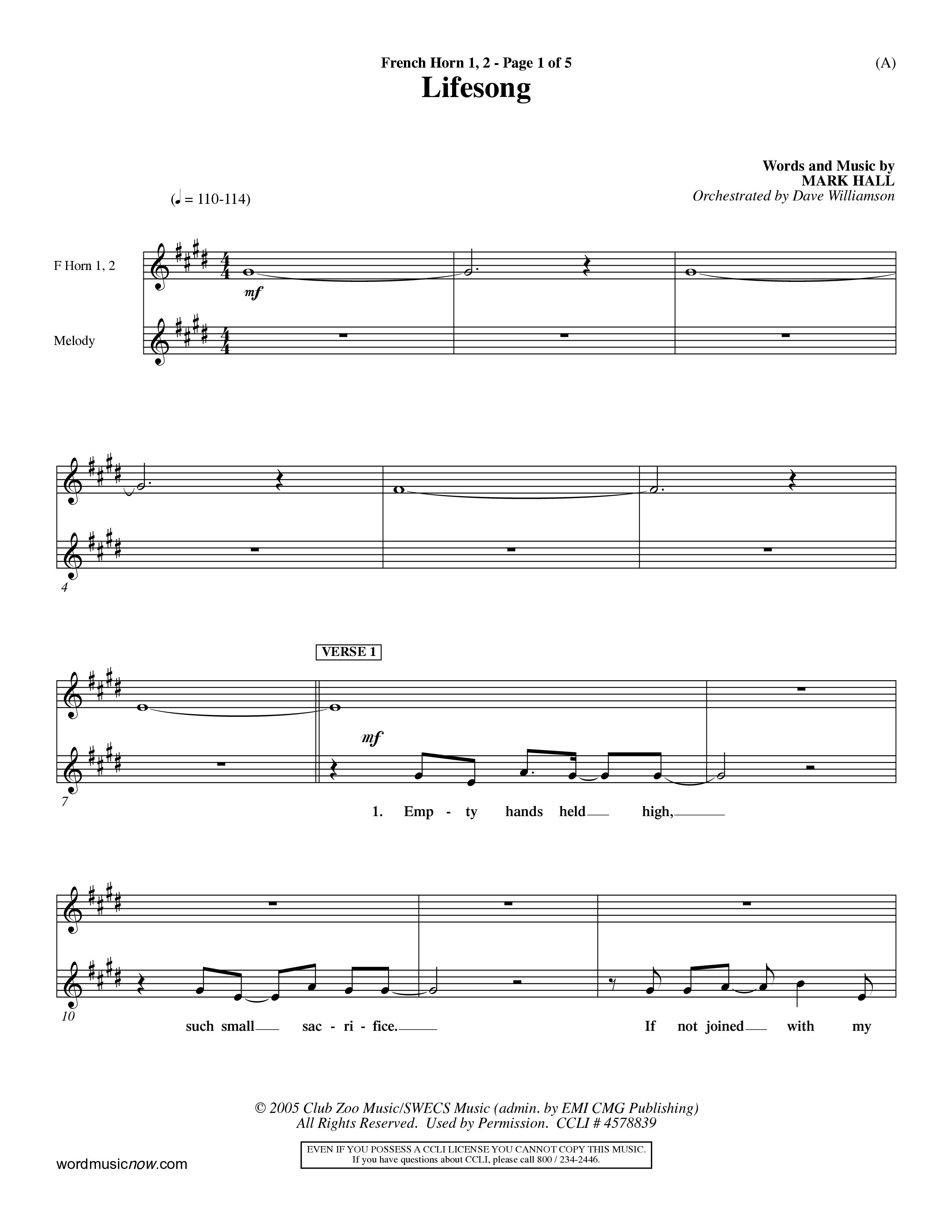 Lifesong (Choral Anthem SATB) French Horn (Word Music Choral / Orch. Dave Williamson)