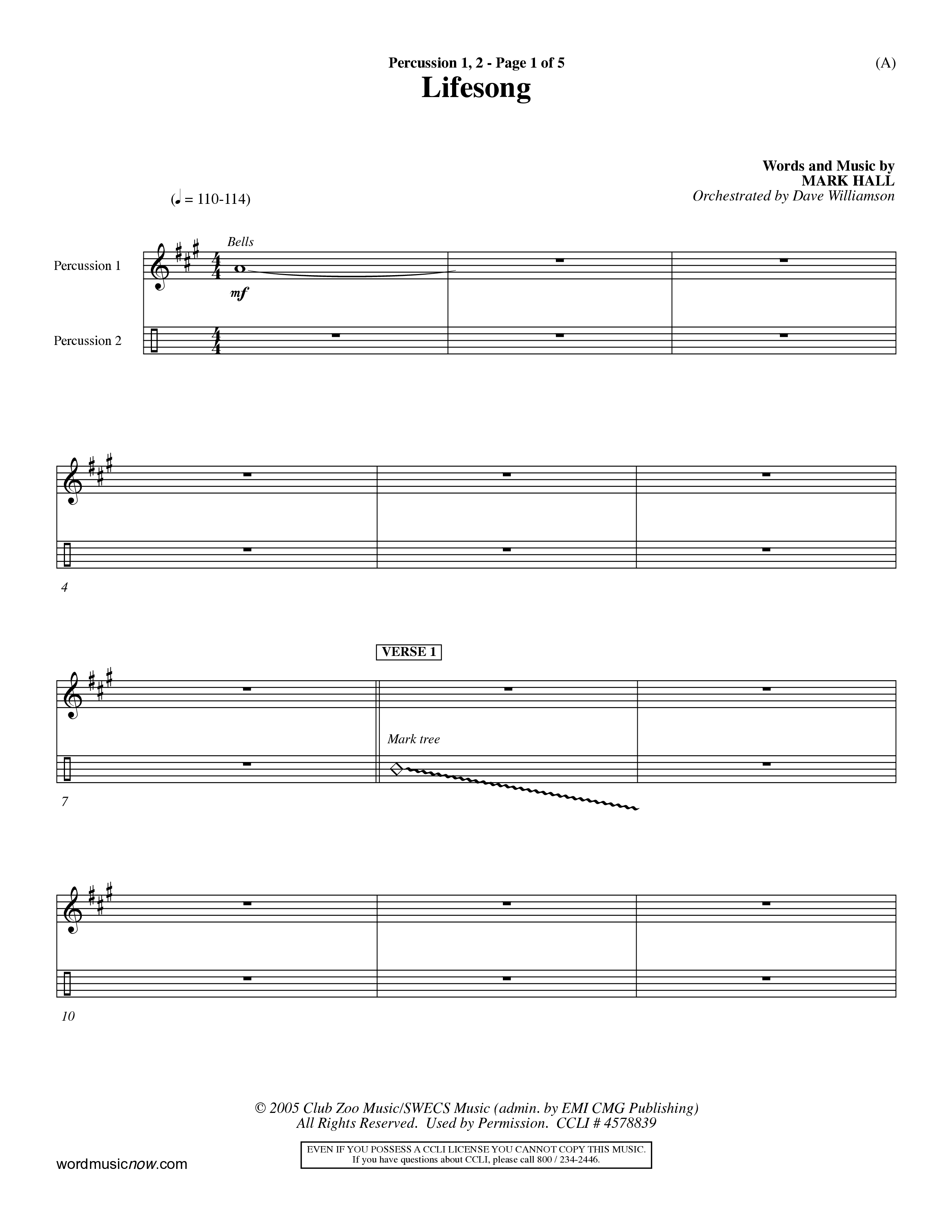 Lifesong (Choral Anthem SATB) Percussion 1/2 (Word Music Choral / Orch. Dave Williamson)