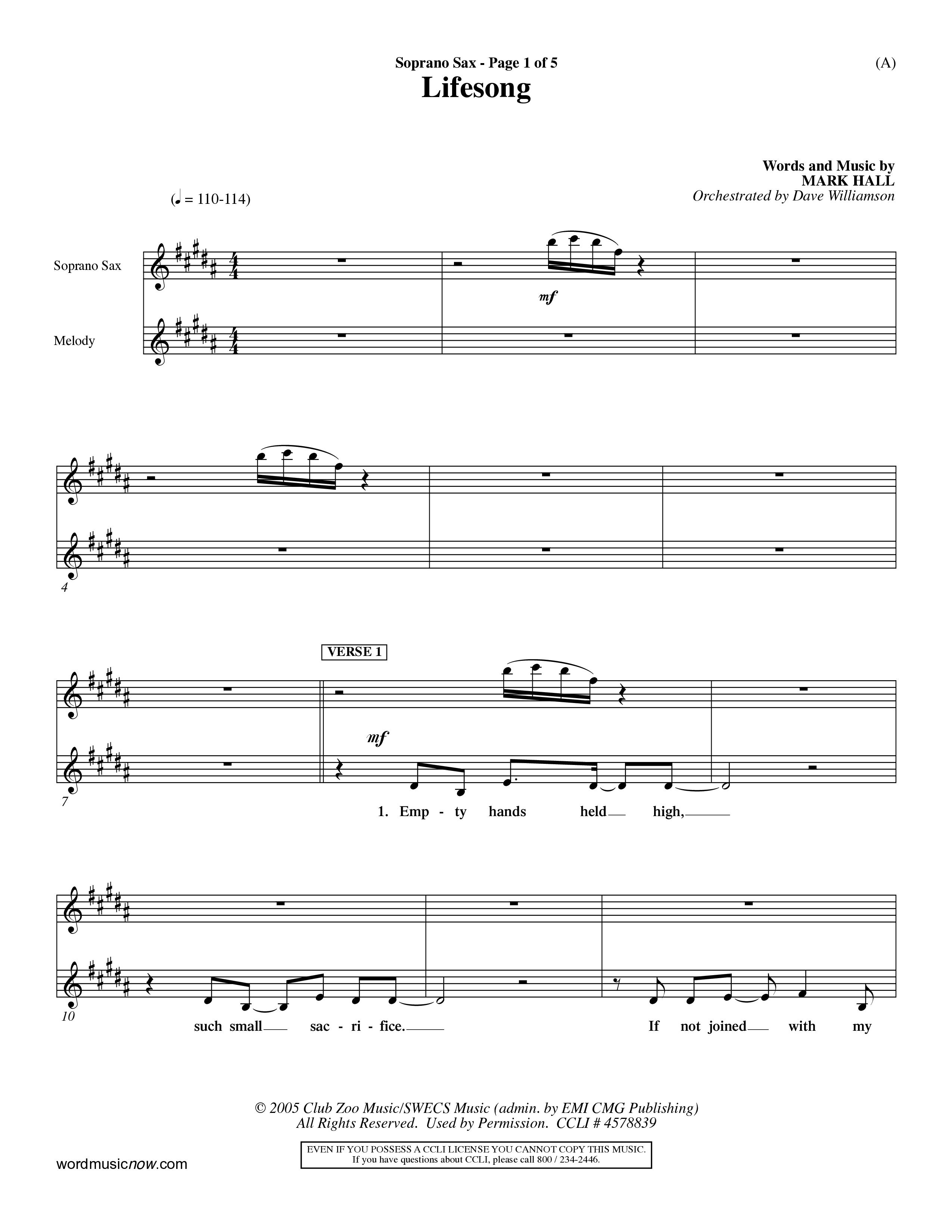 Lifesong (Choral Anthem SATB) Saxophone (Word Music Choral / Orch. Dave Williamson)