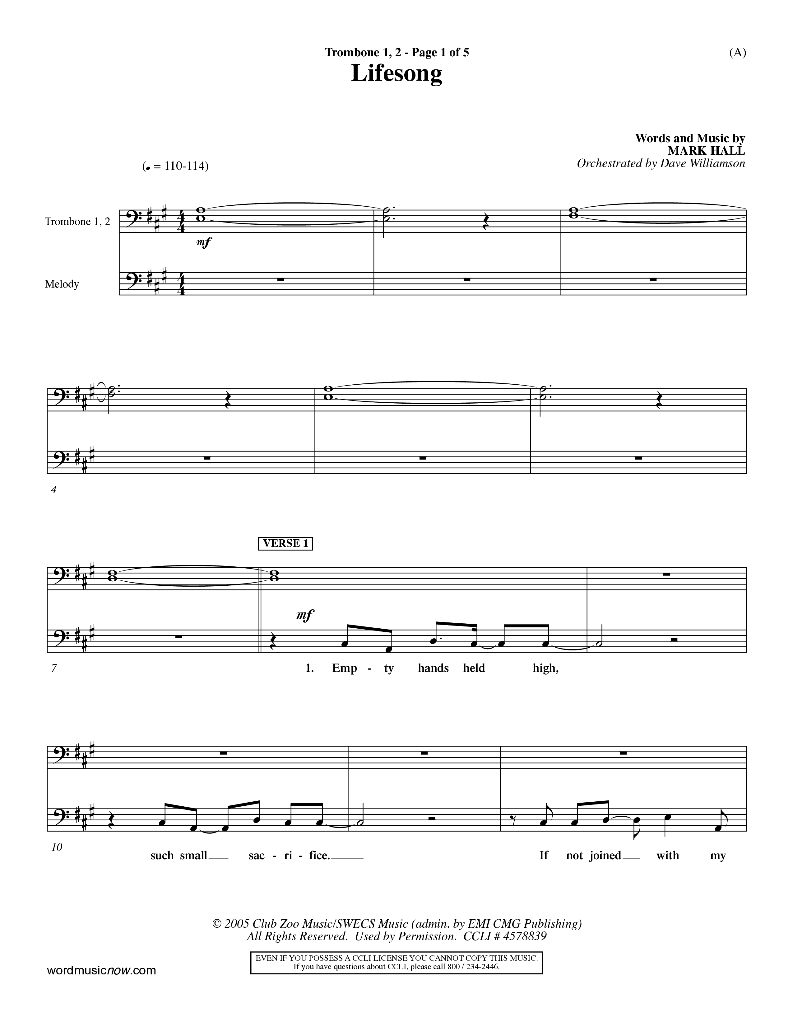 Lifesong (Choral Anthem SATB) Trombone 1/2 (Word Music Choral / Orch. Dave Williamson)