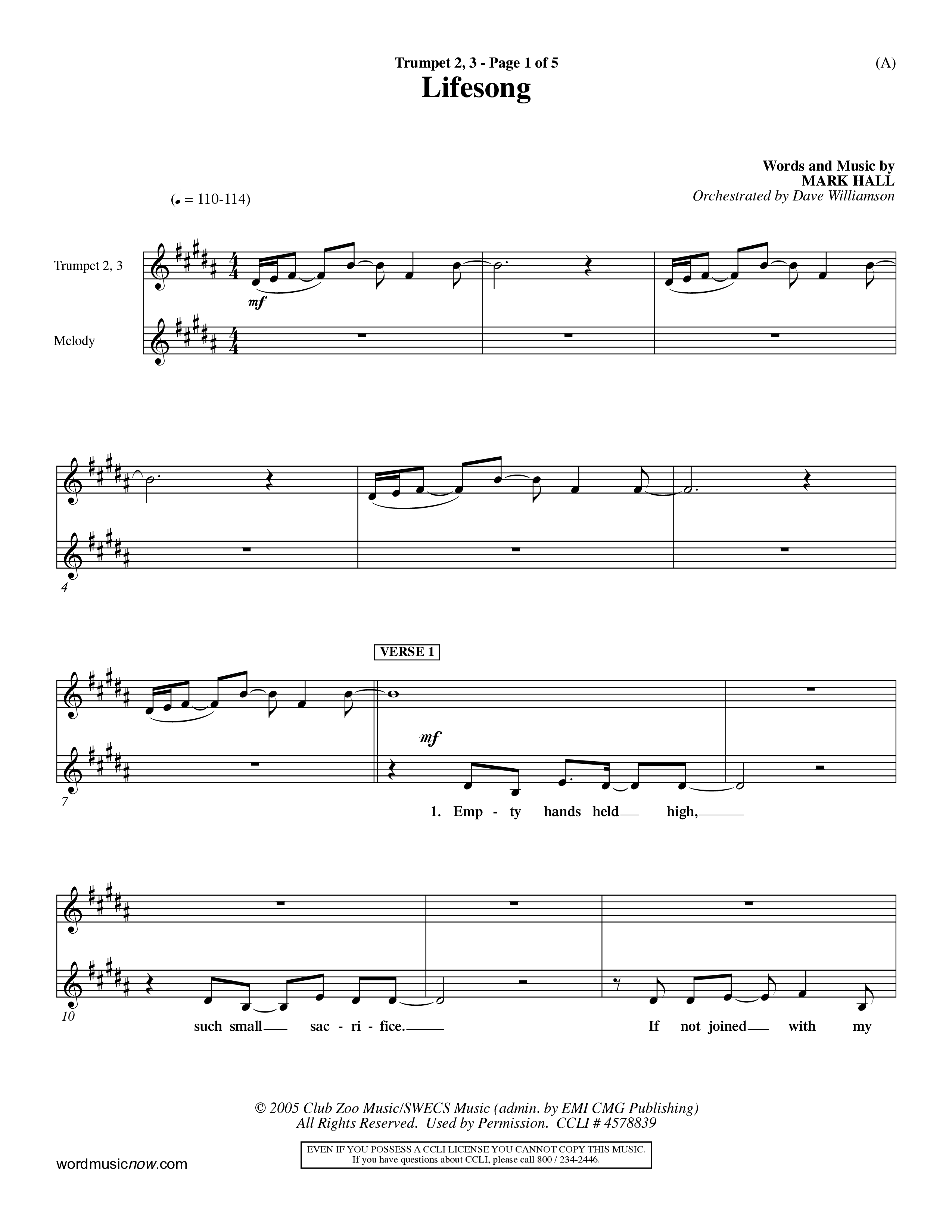 Lifesong (Choral Anthem SATB) Trumpet 2/3 (Word Music Choral / Orch. Dave Williamson)