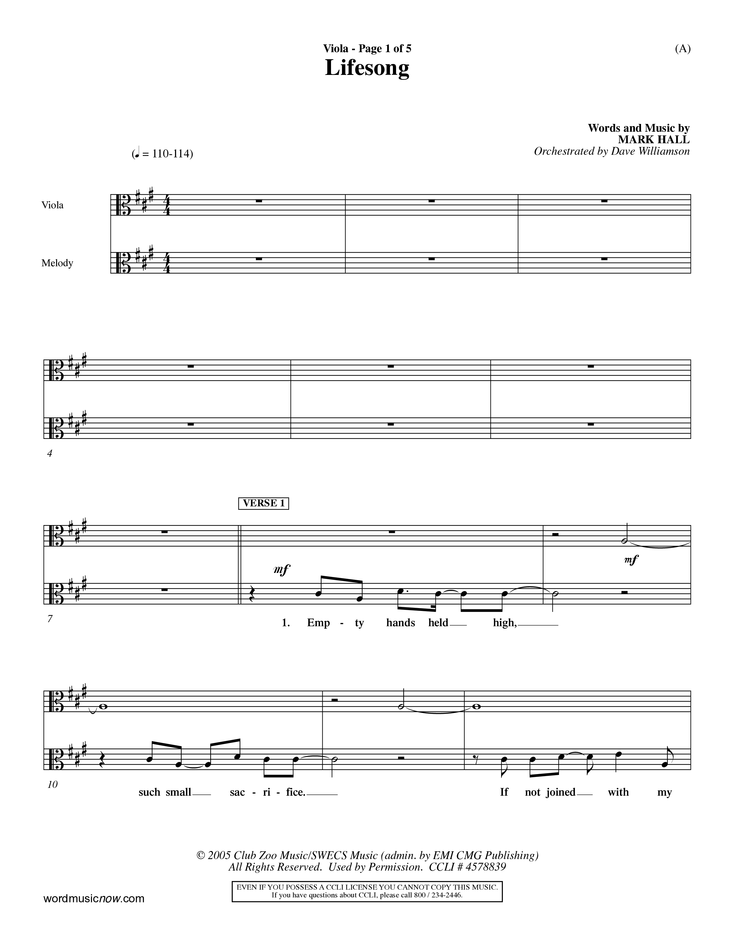 Lifesong (Choral Anthem SATB) Viola (Word Music Choral / Orch. Dave Williamson)