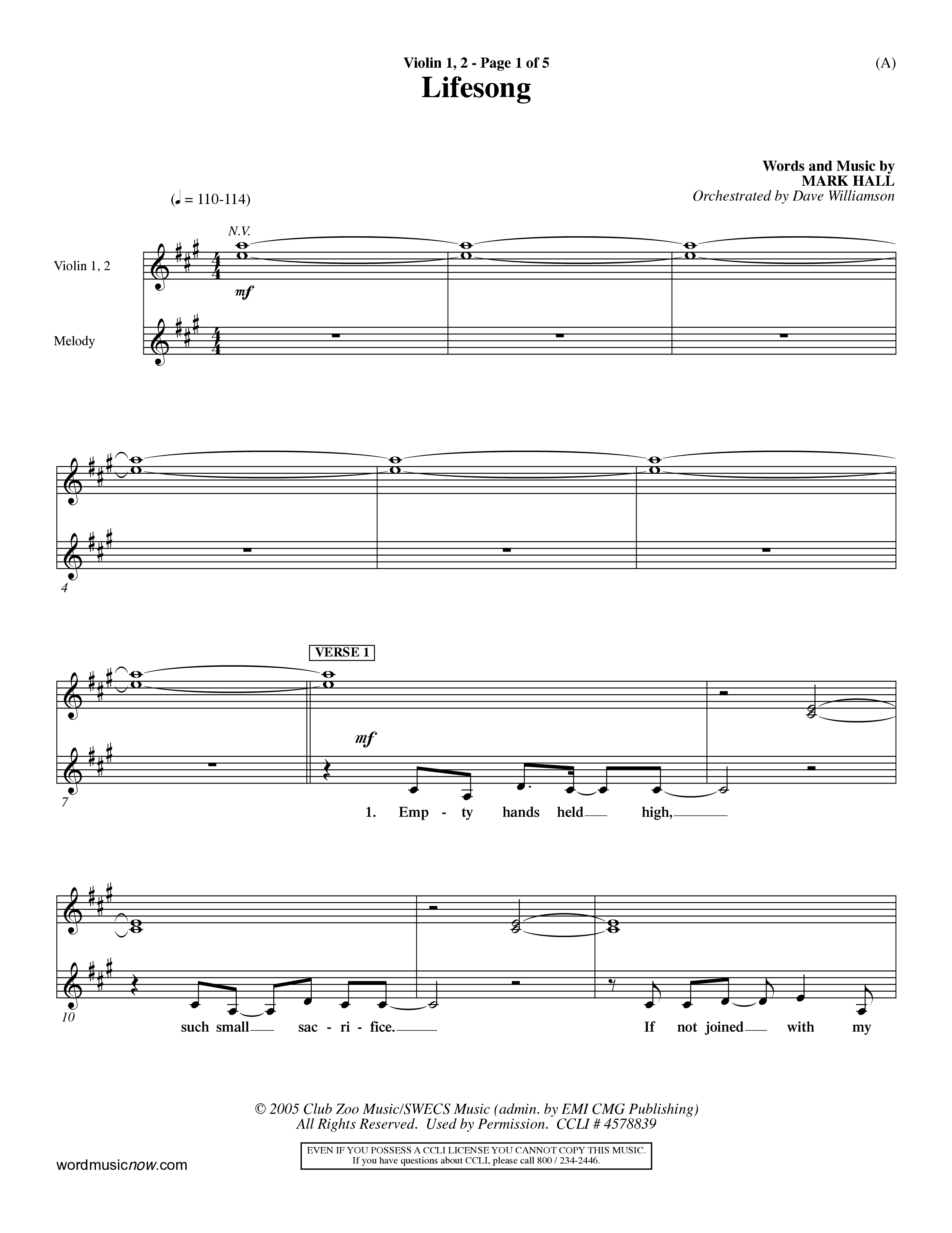 Lifesong (Choral Anthem SATB) Violin 1/2 (Word Music Choral / Orch. Dave Williamson)