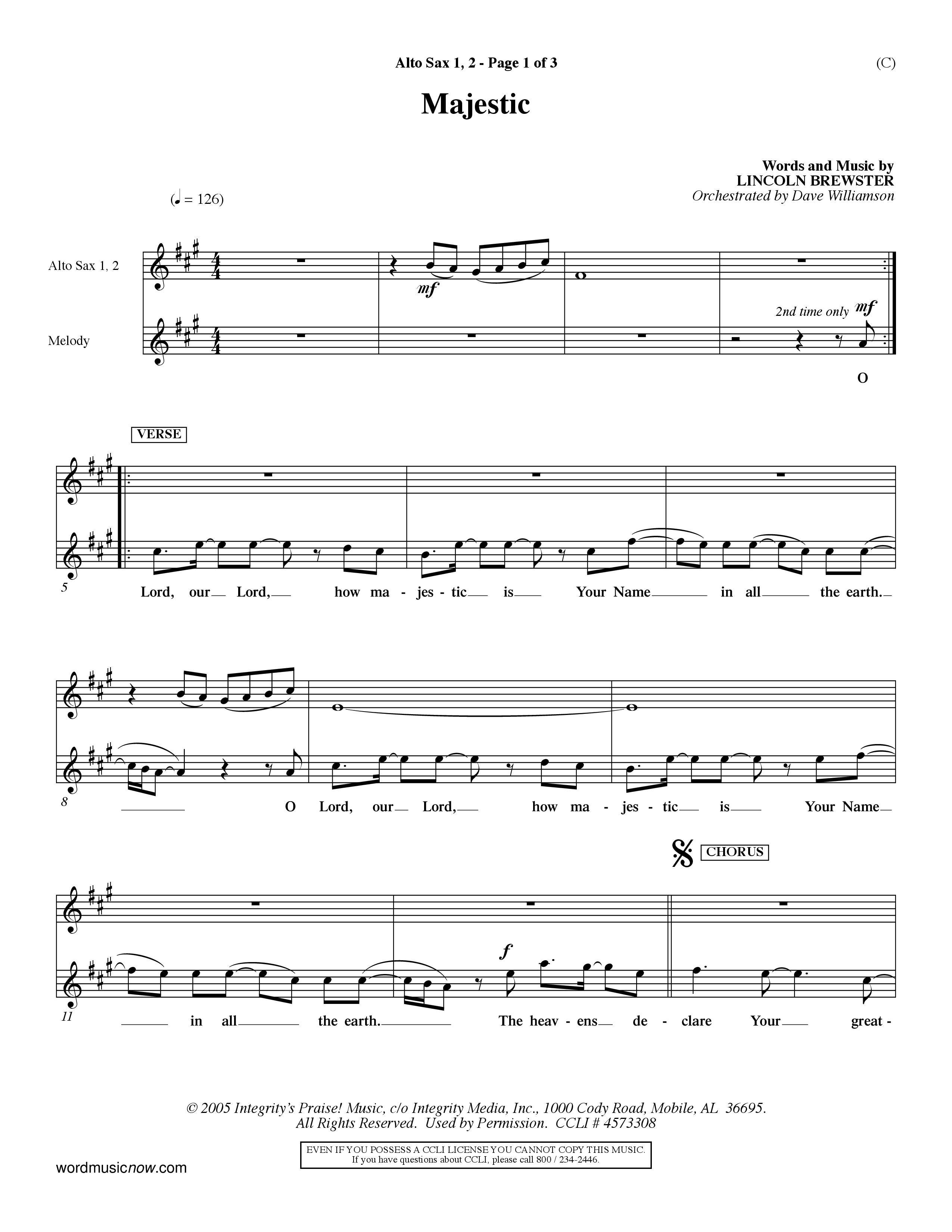 Majestic (Choral Anthem SATB) Alto Sax 1/2 (Word Music Choral / Orch. Dave Williamson)