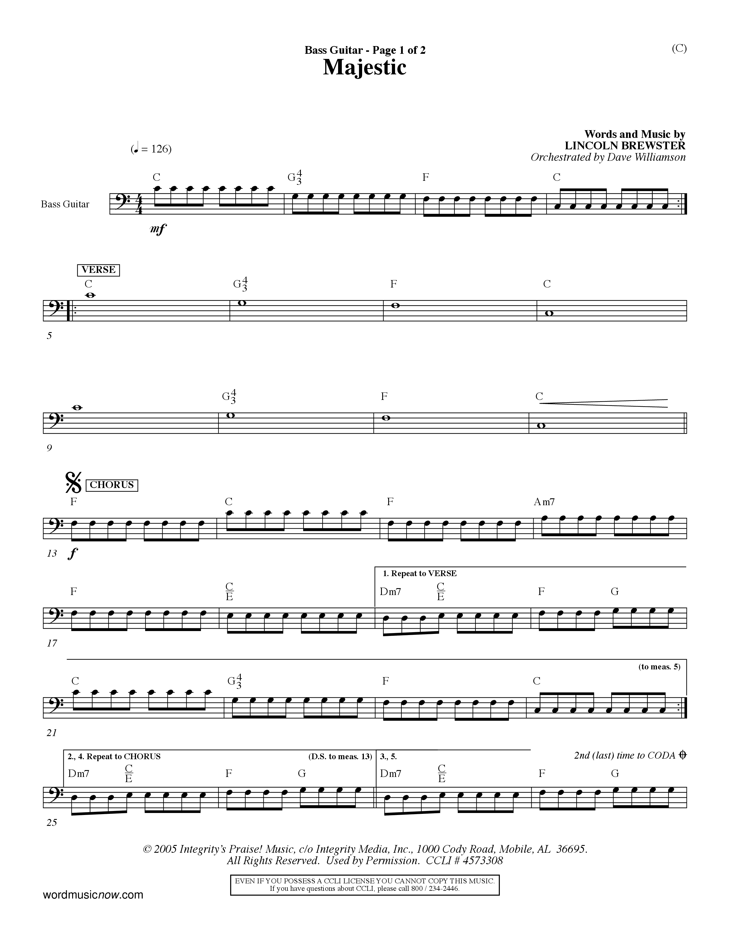 Majestic (Choral Anthem SATB) Bass Guitar (Word Music Choral / Orch. Dave Williamson)