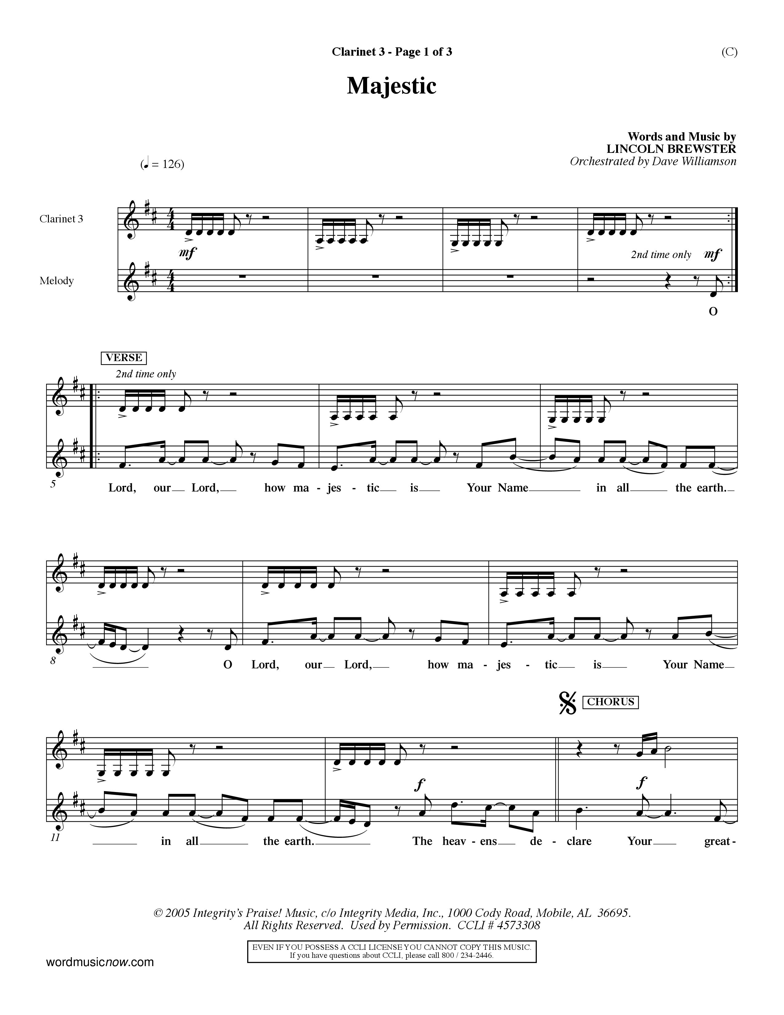 Majestic (Choral Anthem SATB) Clarinet 3 (Word Music Choral / Orch. Dave Williamson)