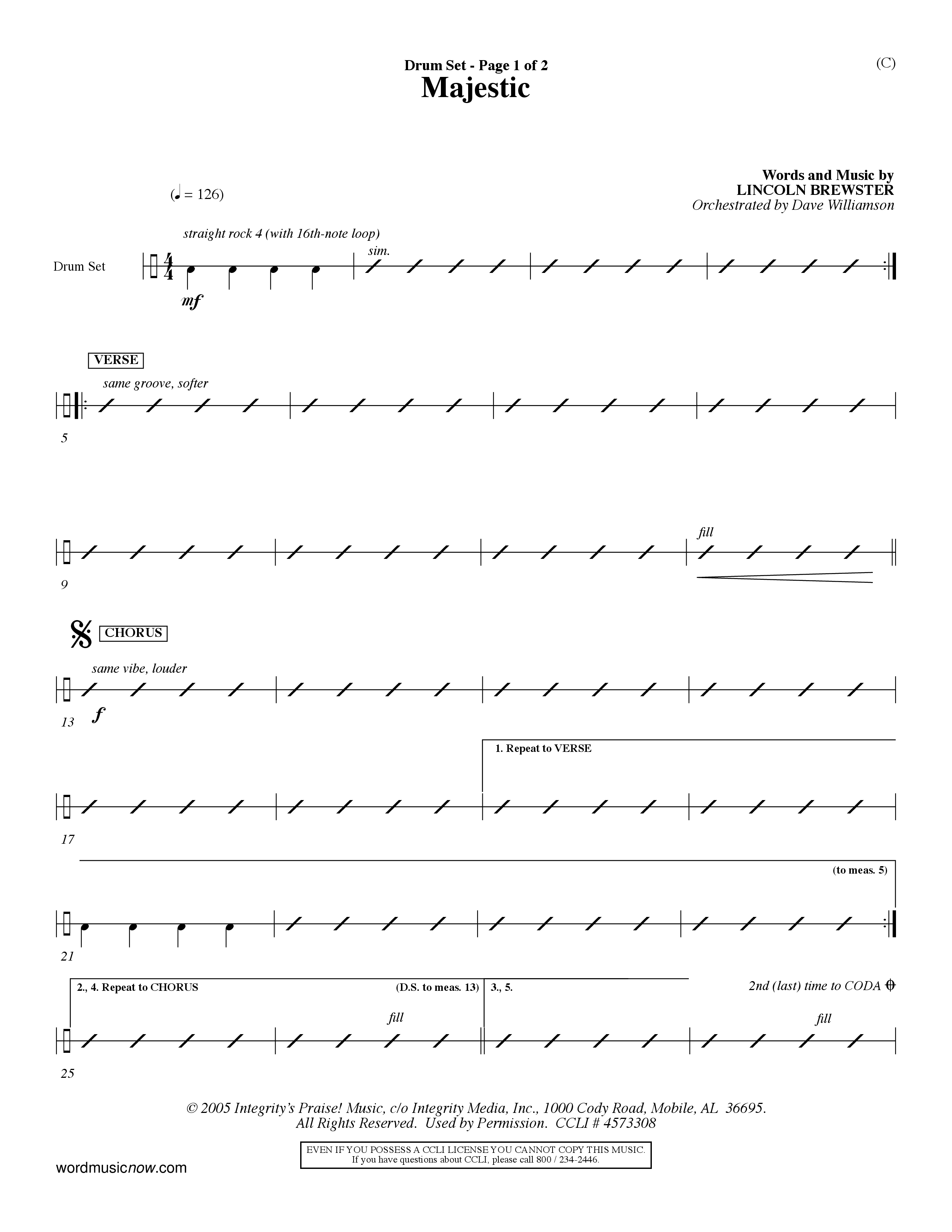 Majestic (Choral Anthem SATB) Drum Set (Word Music Choral / Orch. Dave Williamson)