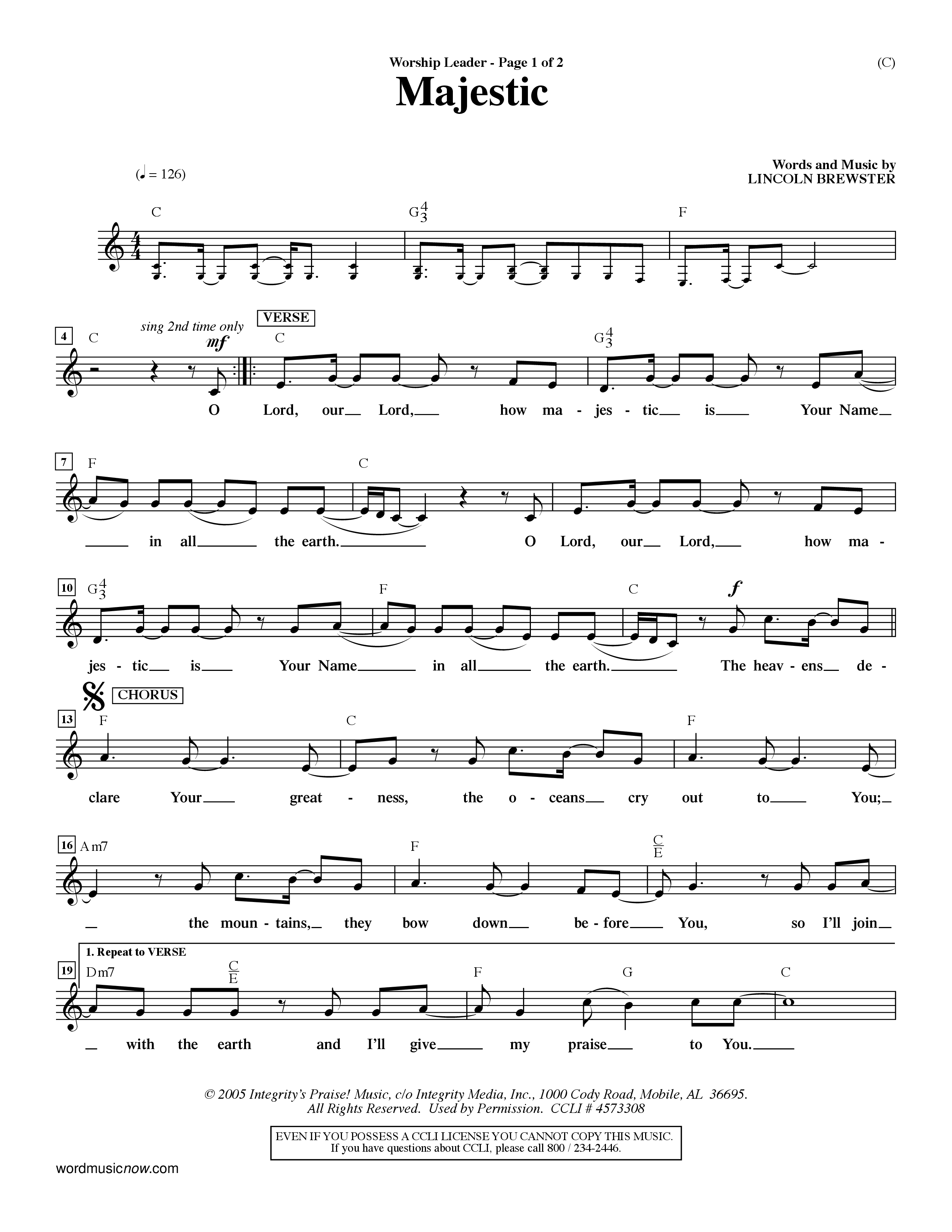 Majestic (Choral Anthem SATB) Lead Sheet (Mel) (Word Music Choral / Orch. Dave Williamson)