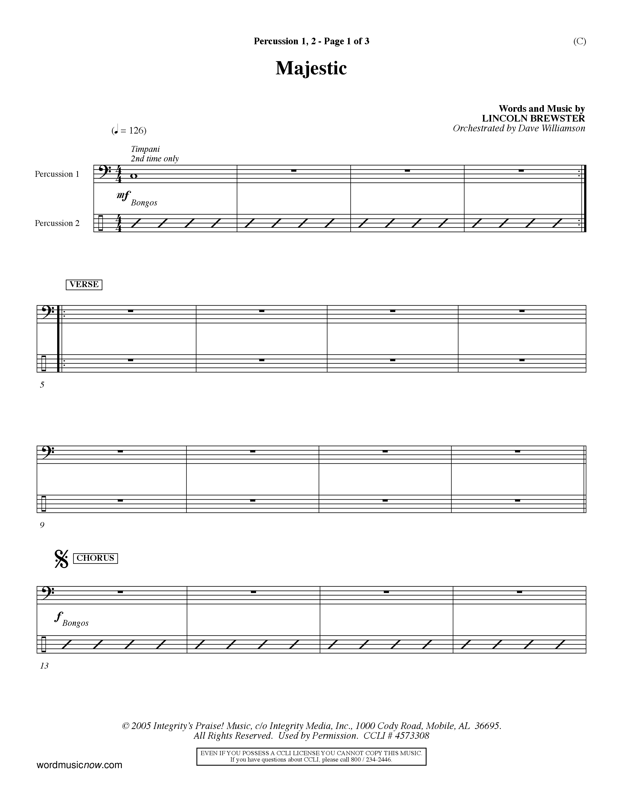 Majestic (Choral Anthem SATB) Percussion 1/2 (Word Music Choral / Orch. Dave Williamson)