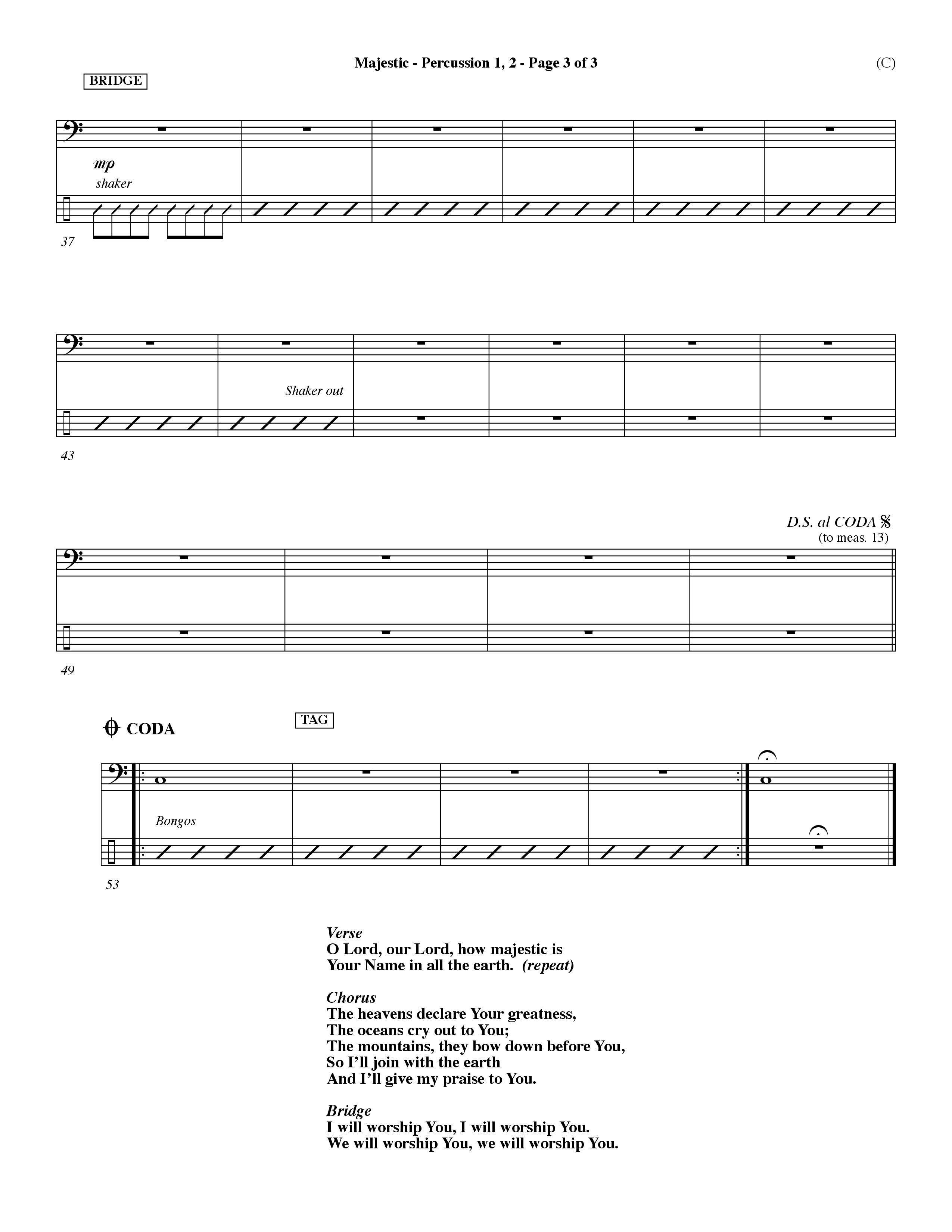 Majestic (Choral Anthem SATB) Percussion 1/2 (Word Music Choral / Orch. Dave Williamson)