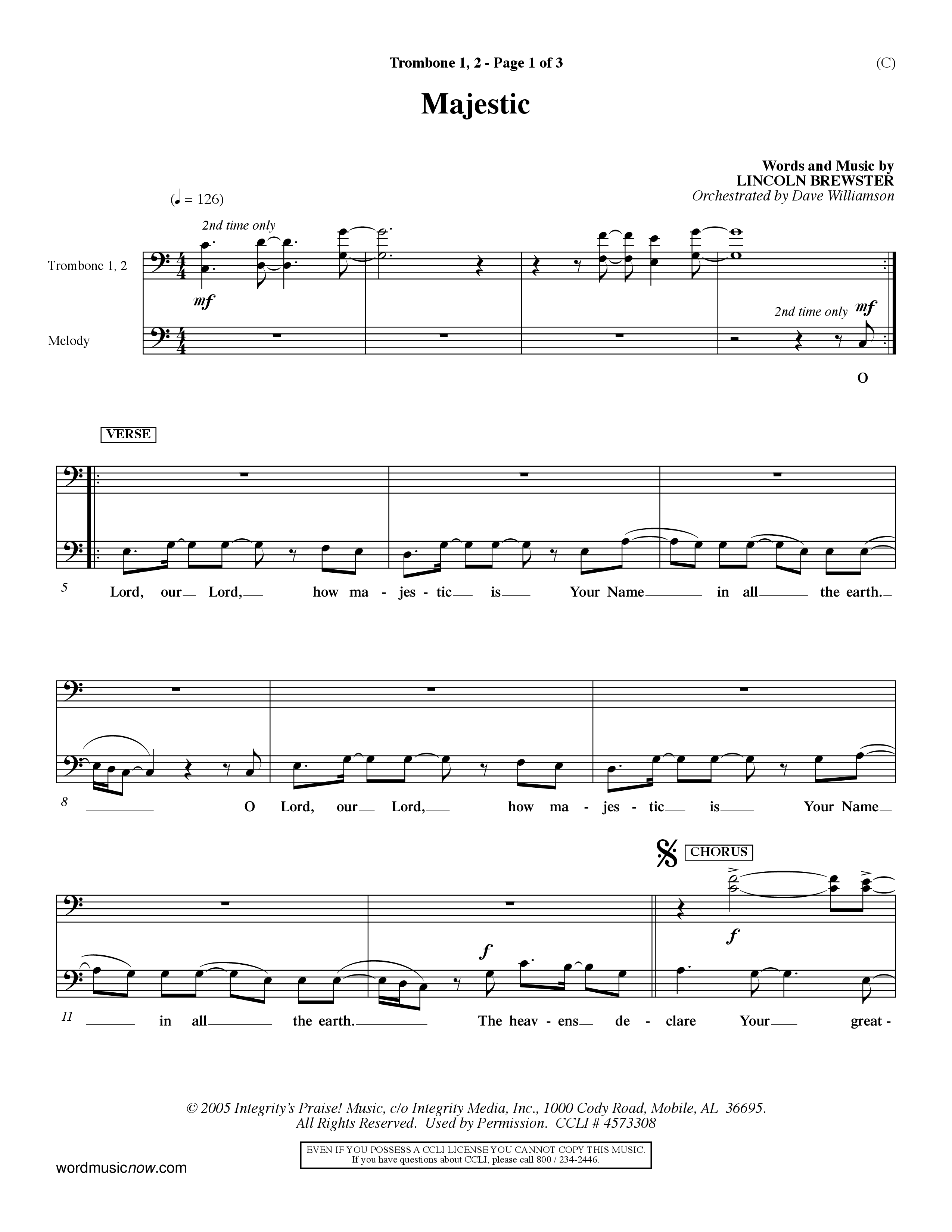 Majestic (Choral Anthem SATB) Trombone 1/2 (Word Music Choral / Orch. Dave Williamson)