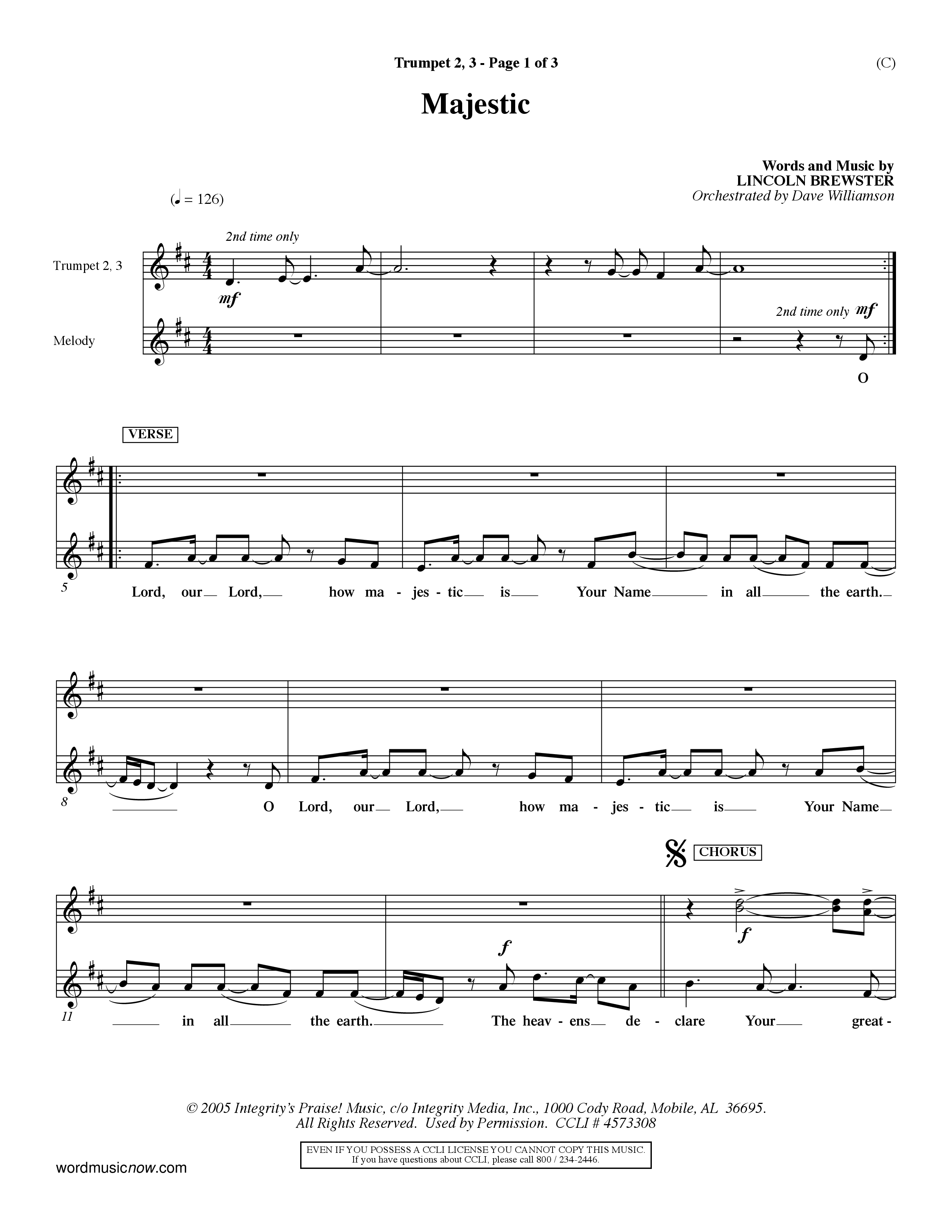 Majestic (Choral Anthem SATB) Trumpet 2/3 (Word Music Choral / Orch. Dave Williamson)