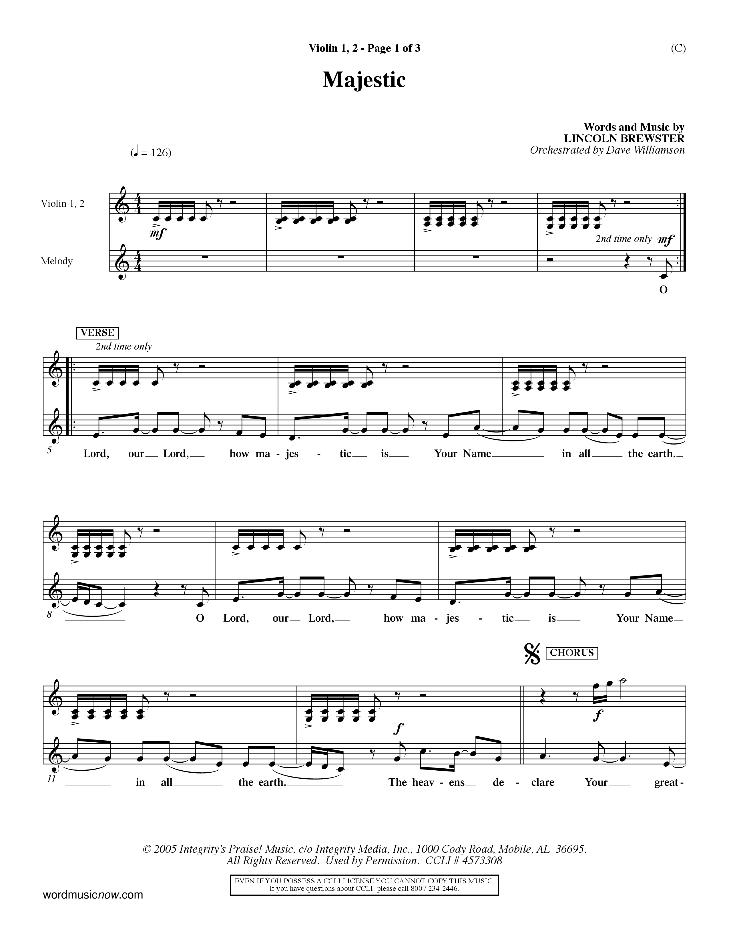 Majestic (Choral Anthem SATB) Violin 1/2 (Word Music Choral / Orch. Dave Williamson)