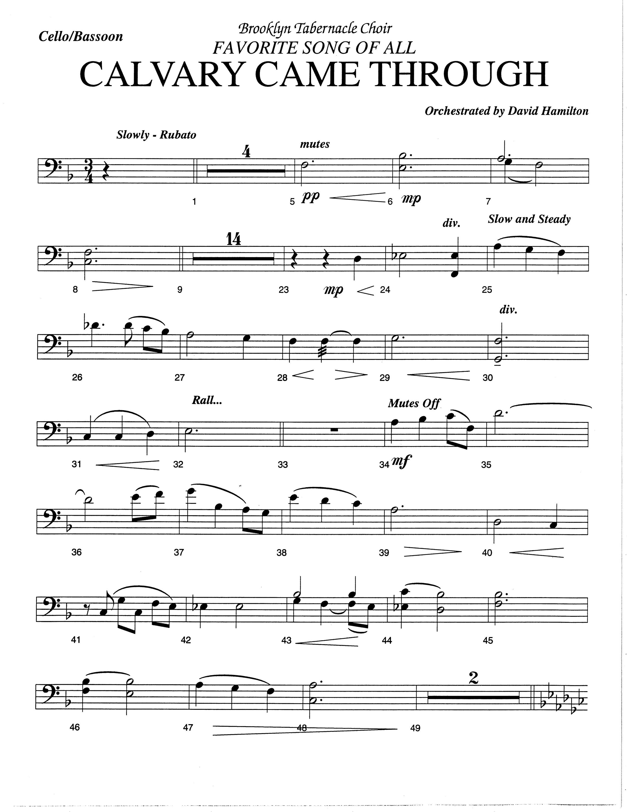 Calvary Came Through (Choral Anthem SATB) Cello (The Brooklyn Tabernacle Choir / Arr. Carol Cymbala)