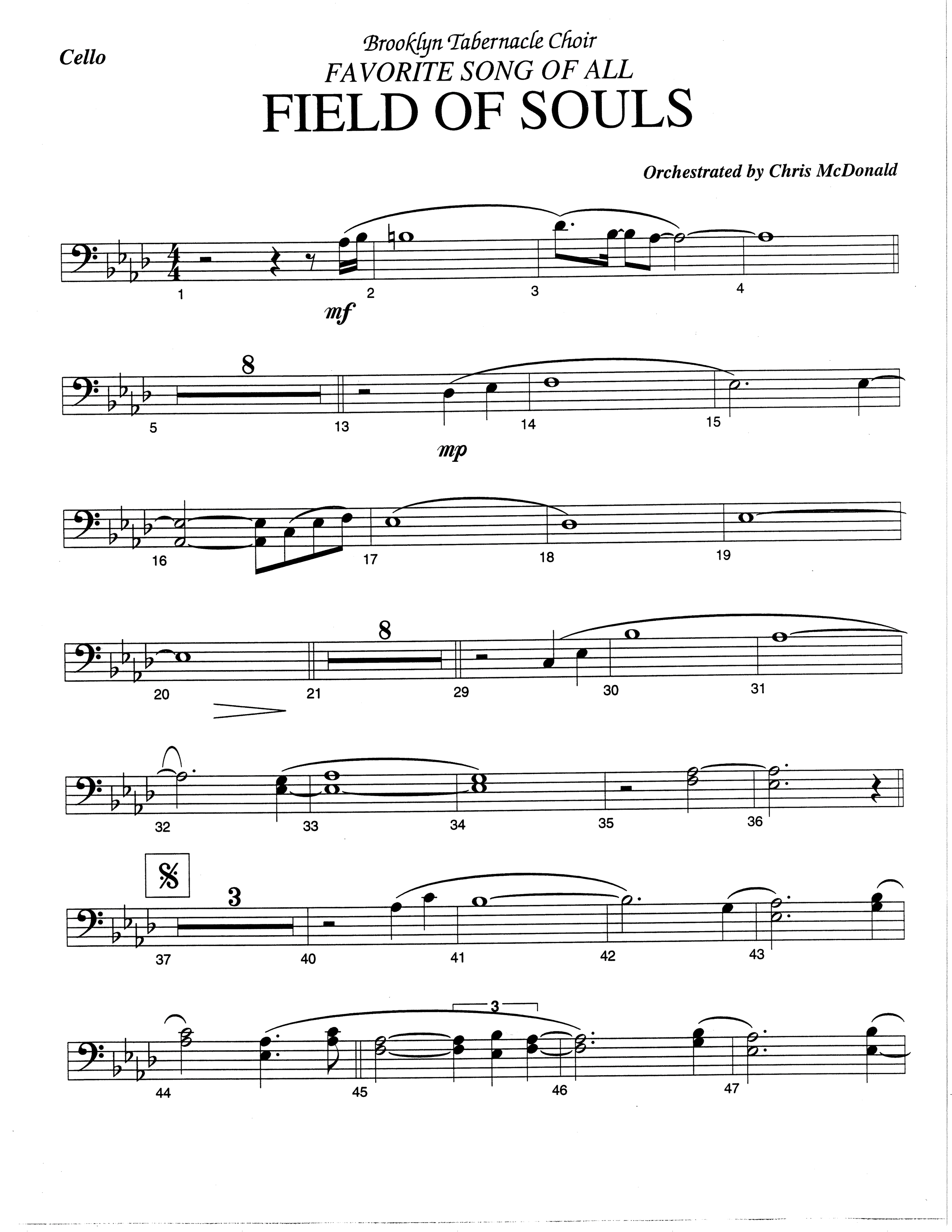 Field Of Souls (Choral Anthem SATB) Cello (The Brooklyn Tabernacle Choir / Arr. Carol Cymbala / Orch. Christ McDonald)