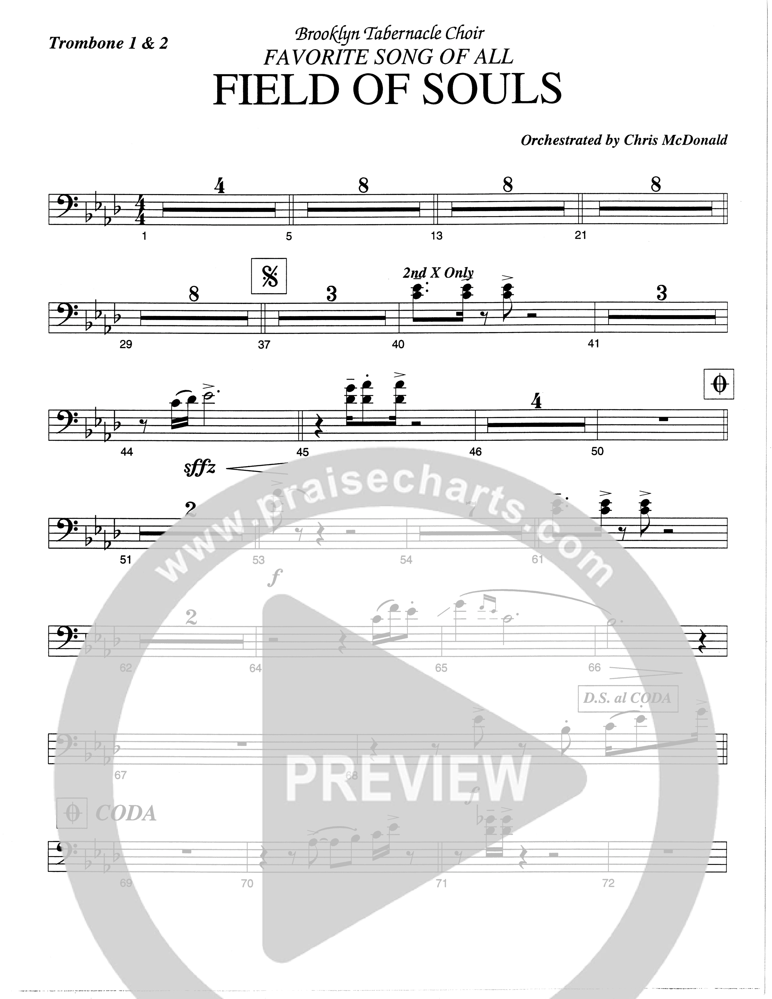 Field Of Souls (Choral Anthem SATB) Trombone 1/2 (The Brooklyn Tabernacle Choir / Arr. Carol Cymbala / Orch. Christ McDonald)