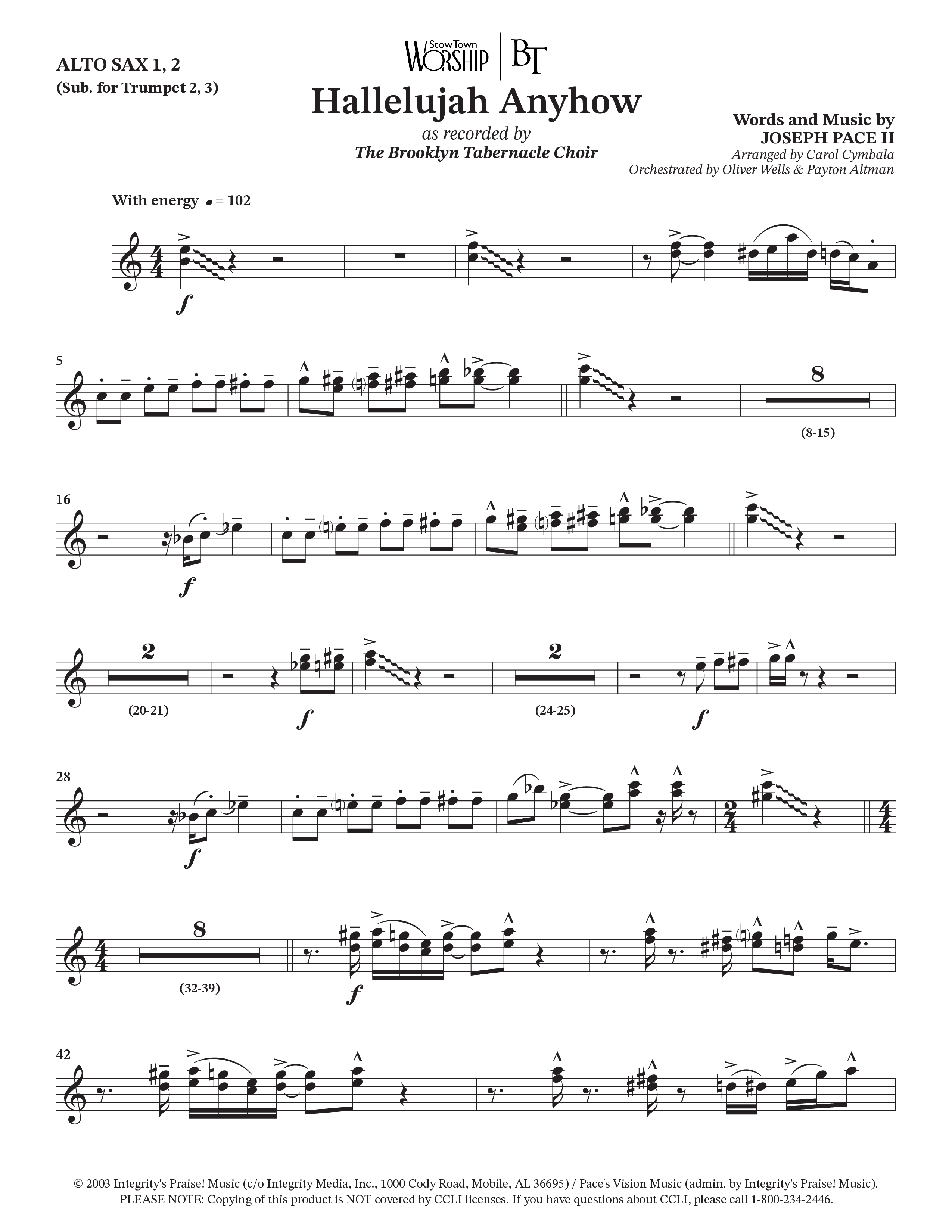 Hallelujah Anyhow (Choral Anthem SATB) Alto Sax 1/2 (The Brooklyn Tabernacle Choir / Arr. Carol Cymbala)