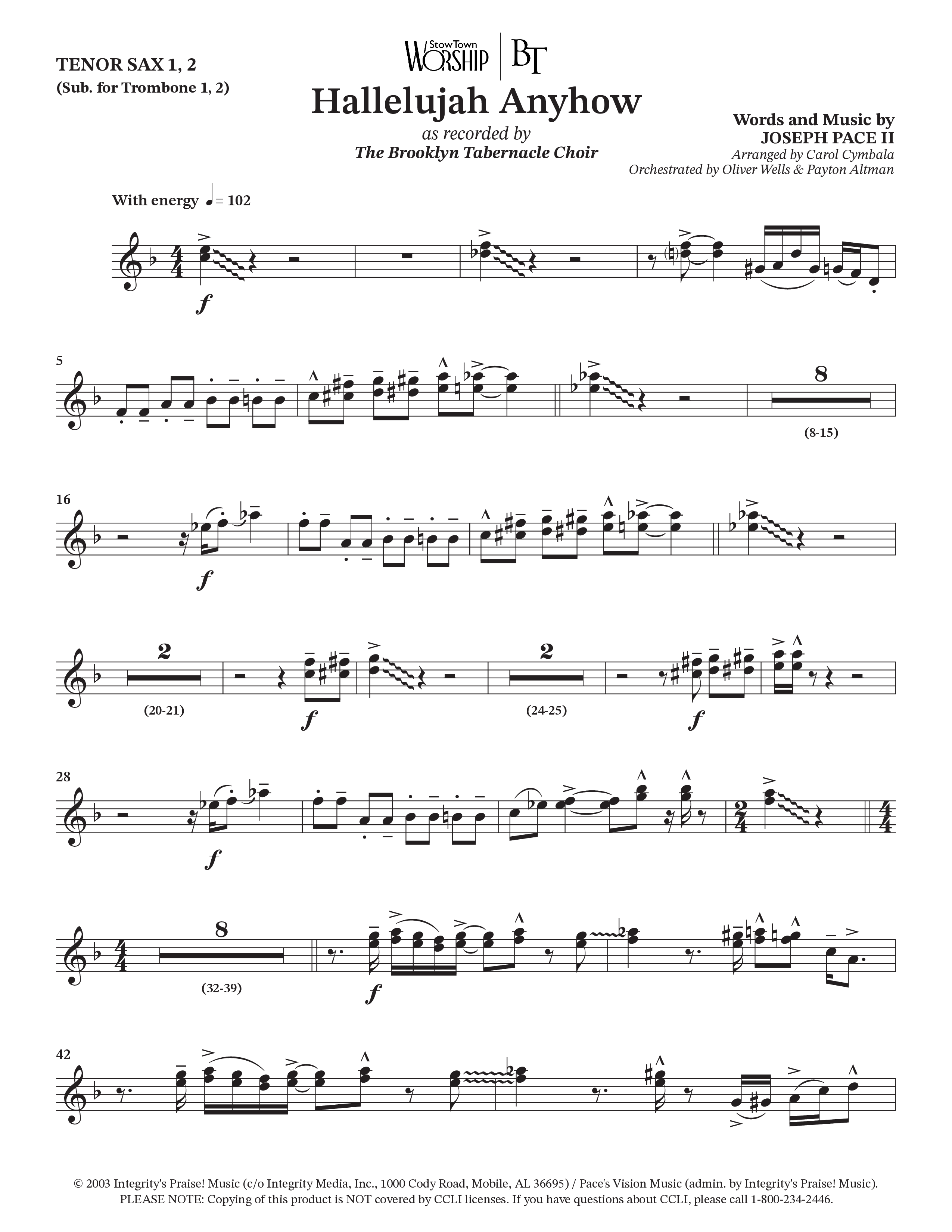 Hallelujah Anyhow (Choral Anthem SATB) Tenor Sax/Baritone T.C. (The Brooklyn Tabernacle Choir / Arr. Carol Cymbala)