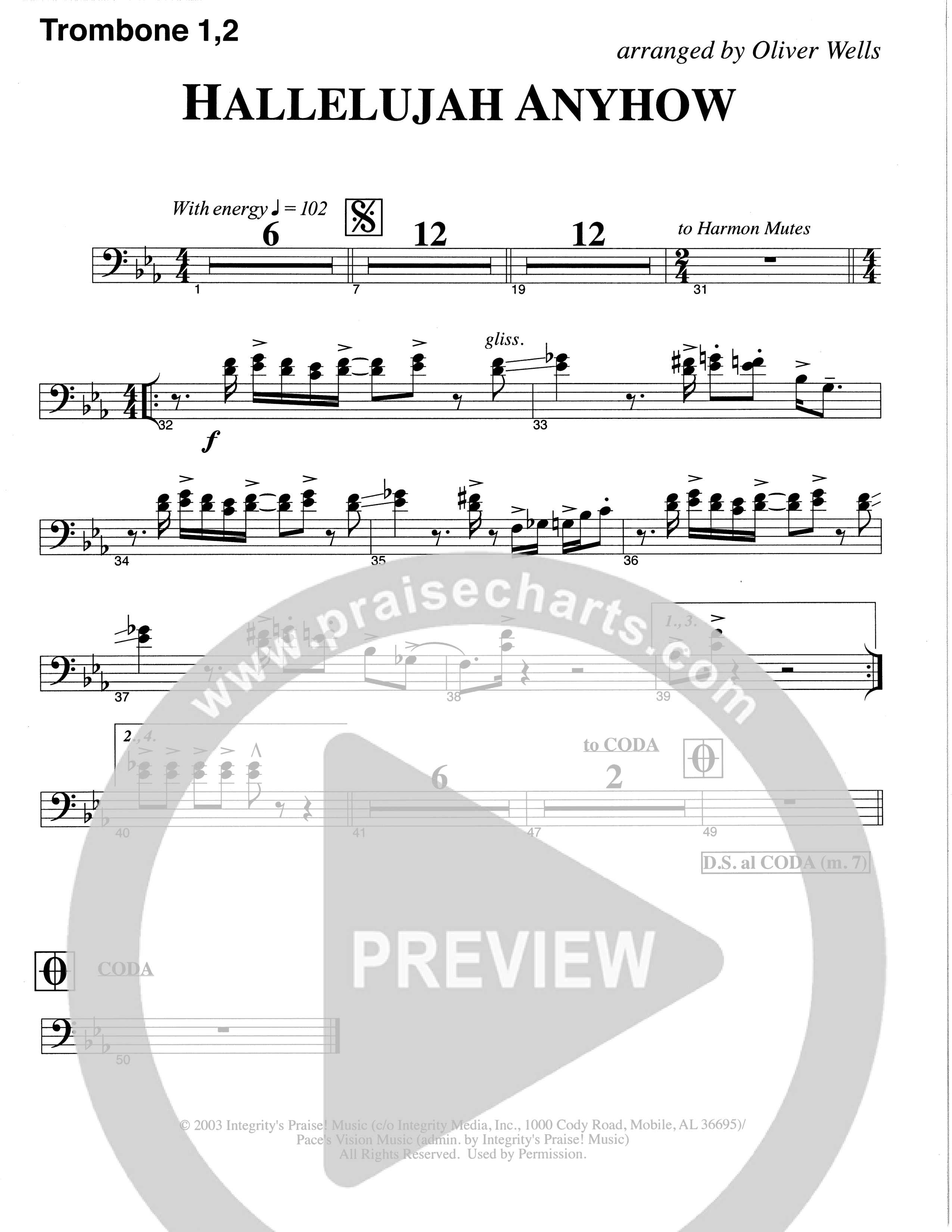 Hallelujah Anyhow (Choral Anthem SATB) Trombone 1/2 (The Brooklyn Tabernacle Choir / Arr. Carol Cymbala)