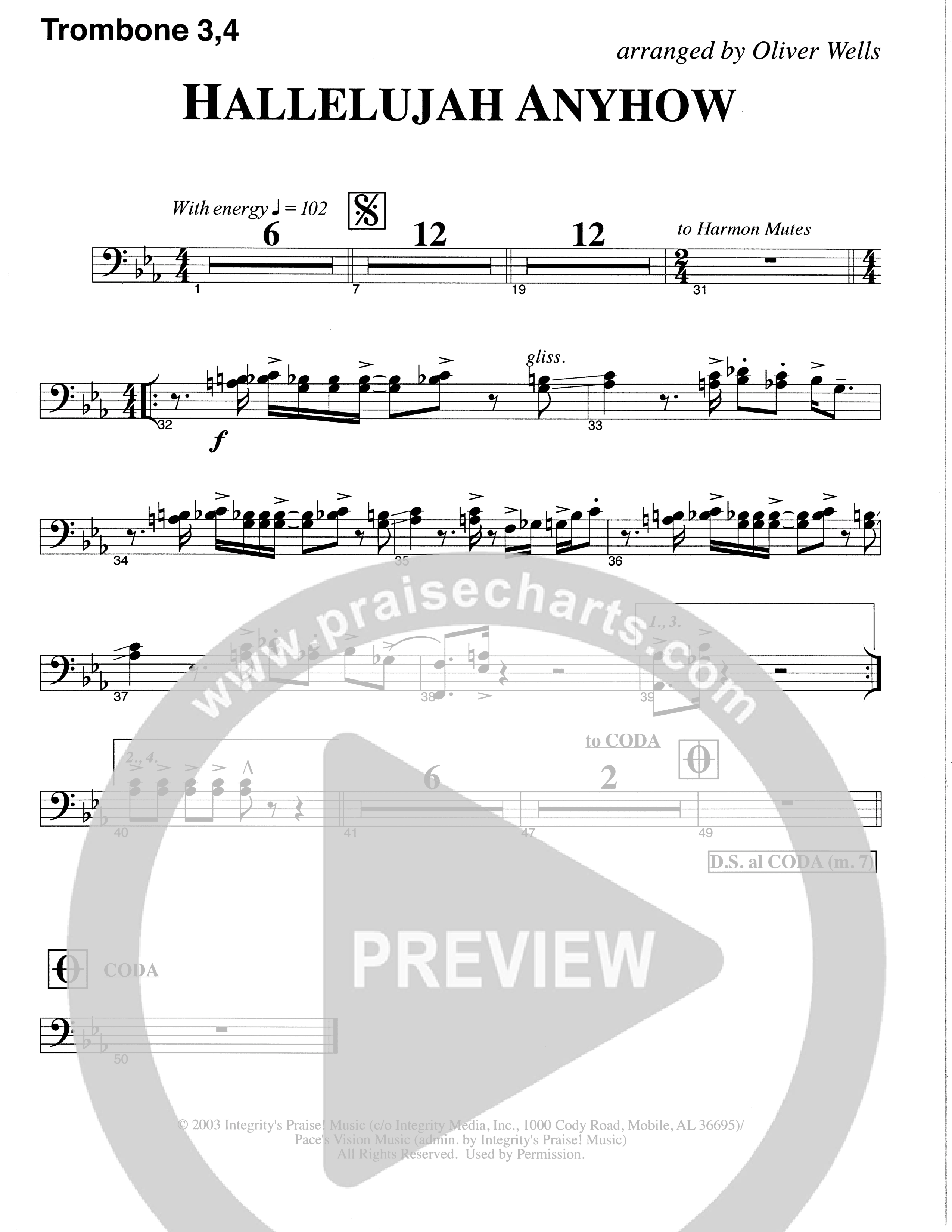 Hallelujah Anyhow (Choral Anthem SATB) Trombone 3/4 (The Brooklyn Tabernacle Choir / Arr. Carol Cymbala)