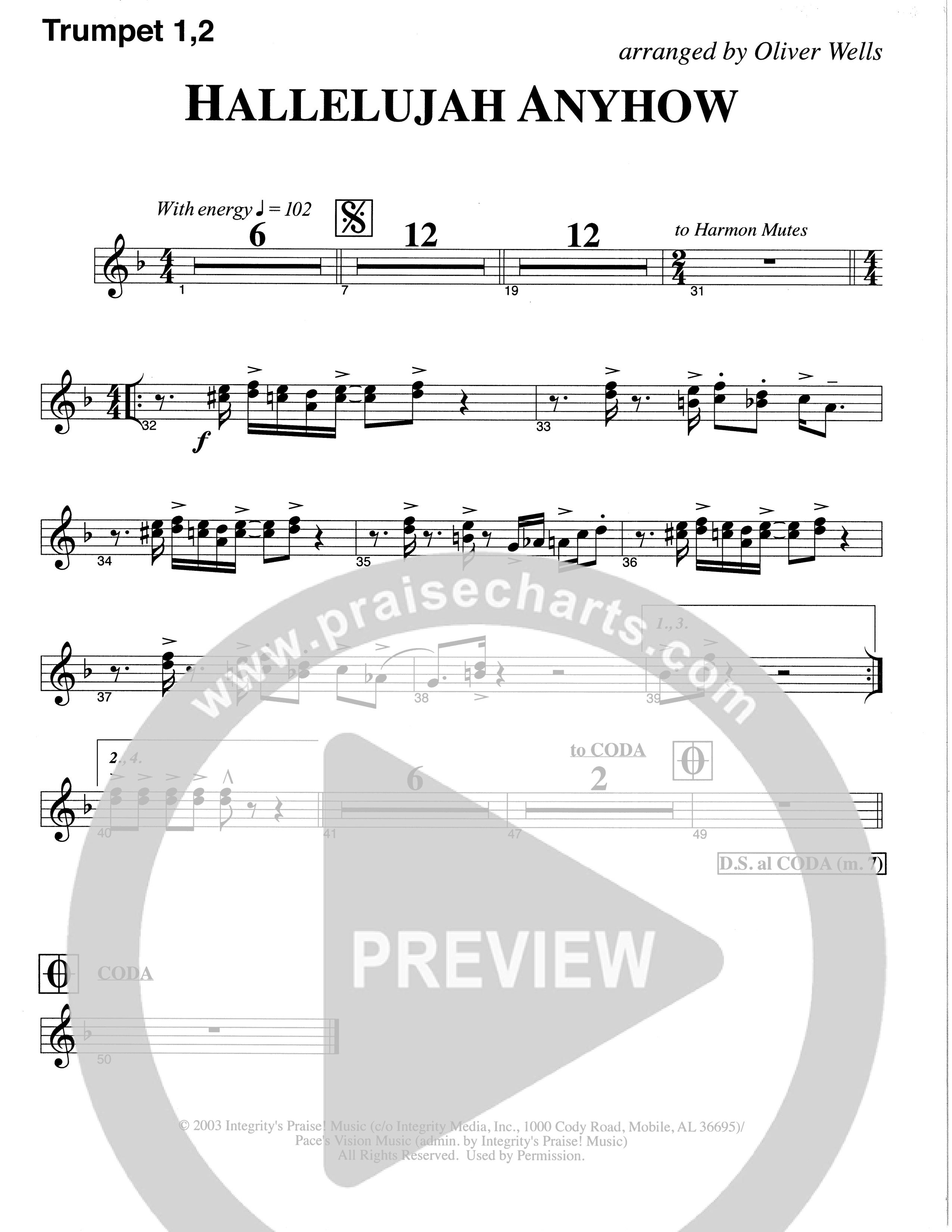 Hallelujah Anyhow (Choral Anthem SATB) Trumpet 1,2 (The Brooklyn Tabernacle Choir / Arr. Carol Cymbala)