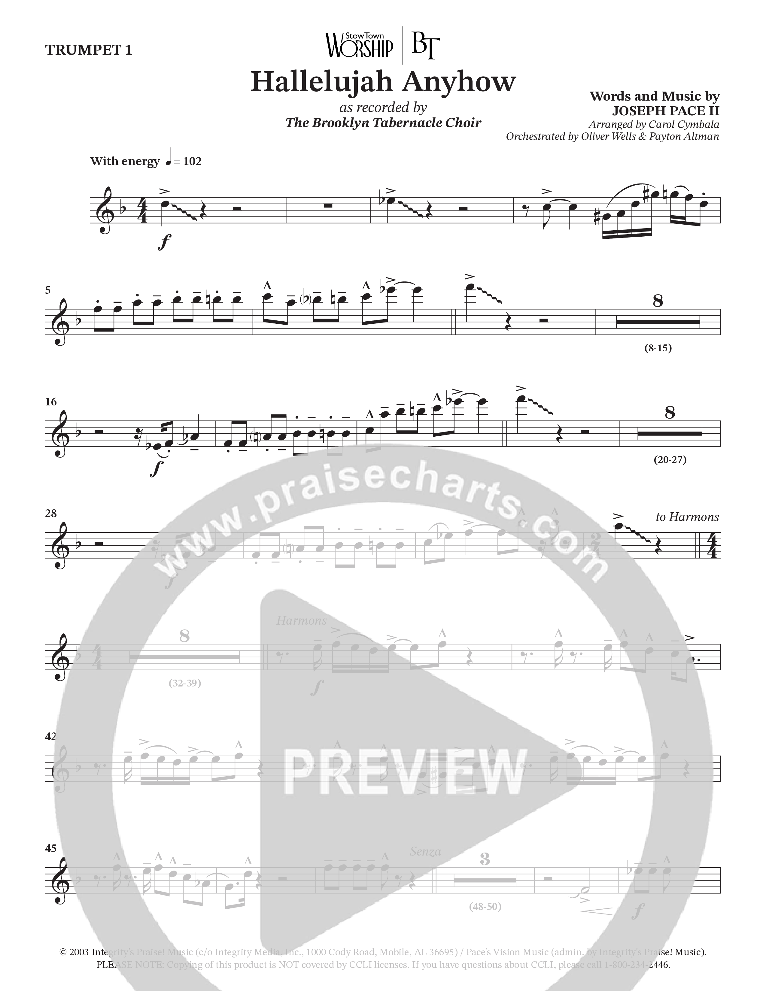 Hallelujah Anyhow (Choral Anthem SATB) Trumpet 1 (The Brooklyn Tabernacle Choir / Arr. Carol Cymbala)