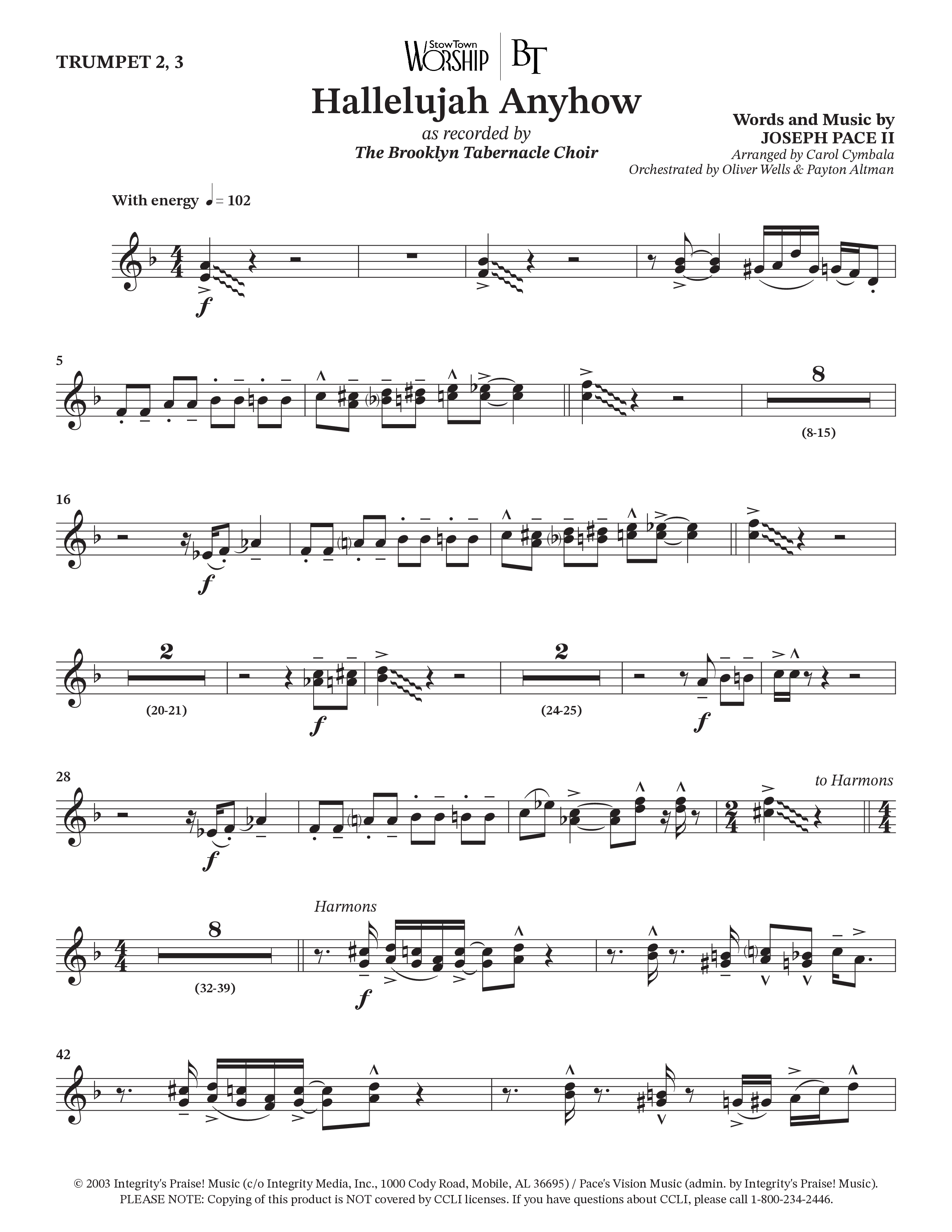 Hallelujah Anyhow (Choral Anthem SATB) Trumpet 2/3 (The Brooklyn Tabernacle Choir / Arr. Carol Cymbala)