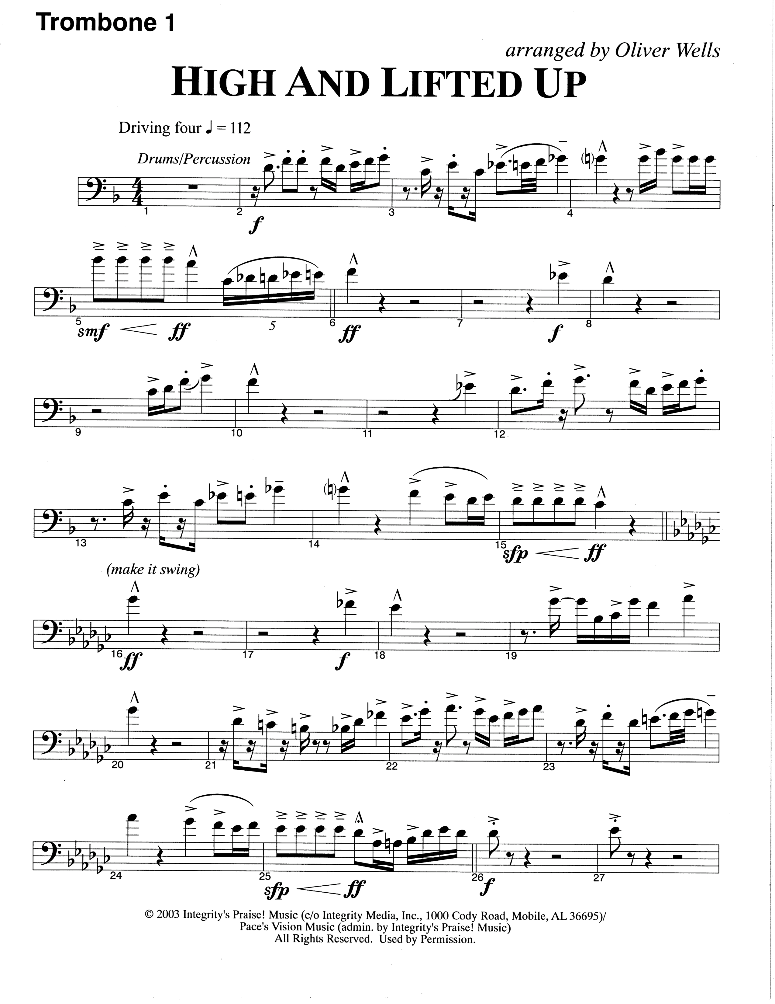 High And Lifted Up (Choral Anthem SATB) Trombone 1 (The Brooklyn Tabernacle Choir / Arr. Carol Cymbala)