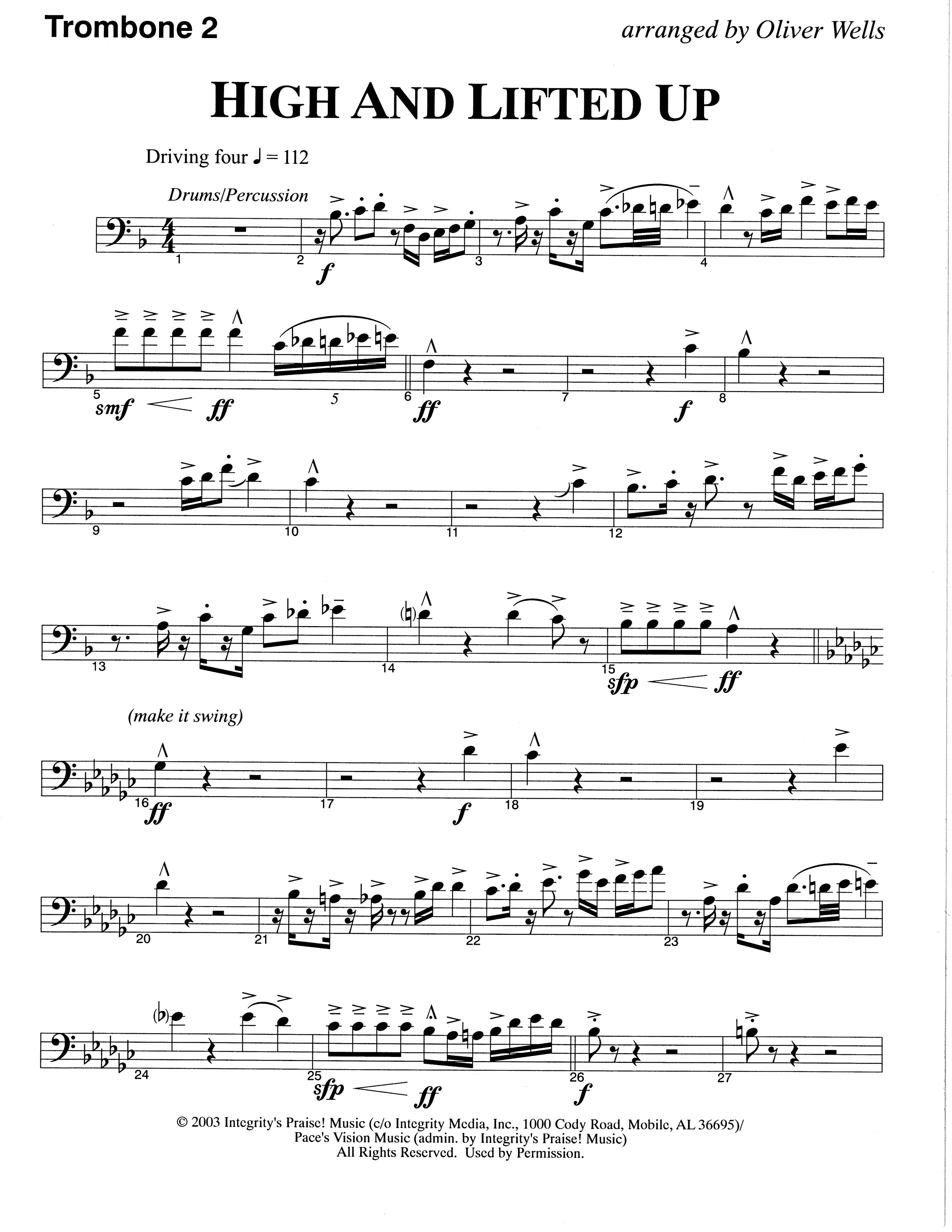 High And Lifted Up (Choral Anthem SATB) Trombone 2 (The Brooklyn Tabernacle Choir / Arr. Carol Cymbala)