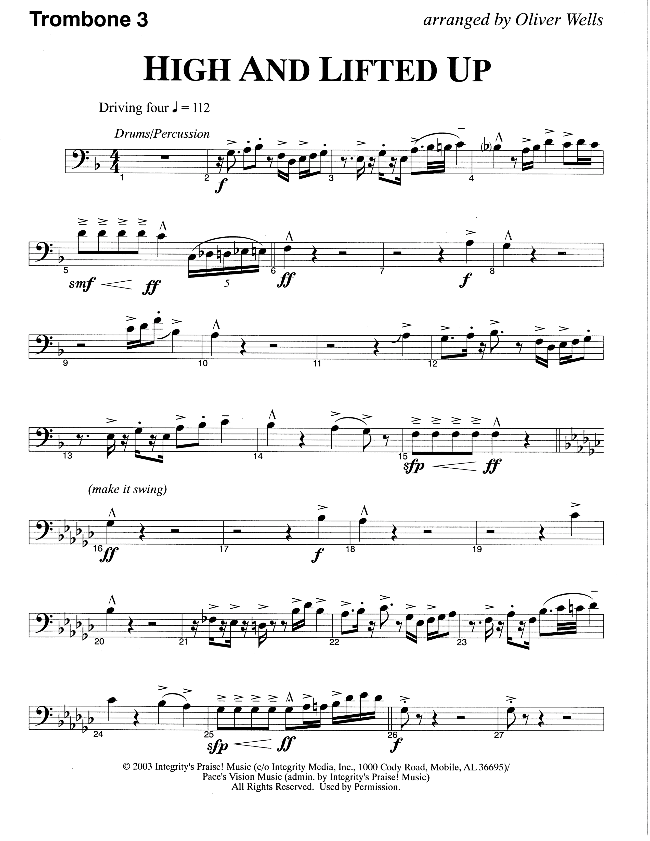 High And Lifted Up (Choral Anthem SATB) Trombone 3 (The Brooklyn Tabernacle Choir / Arr. Carol Cymbala)